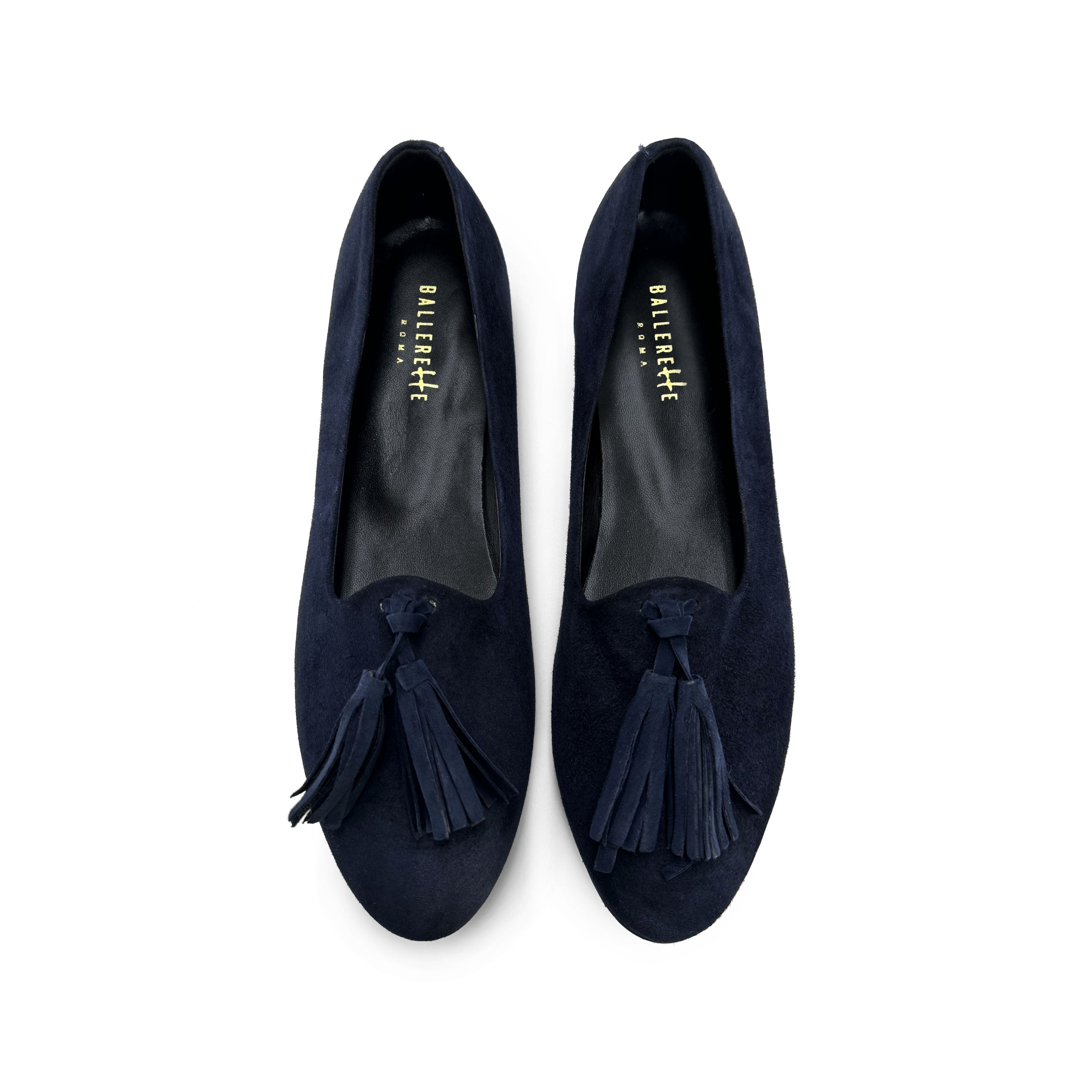 Blue suede women moccasins with tassels