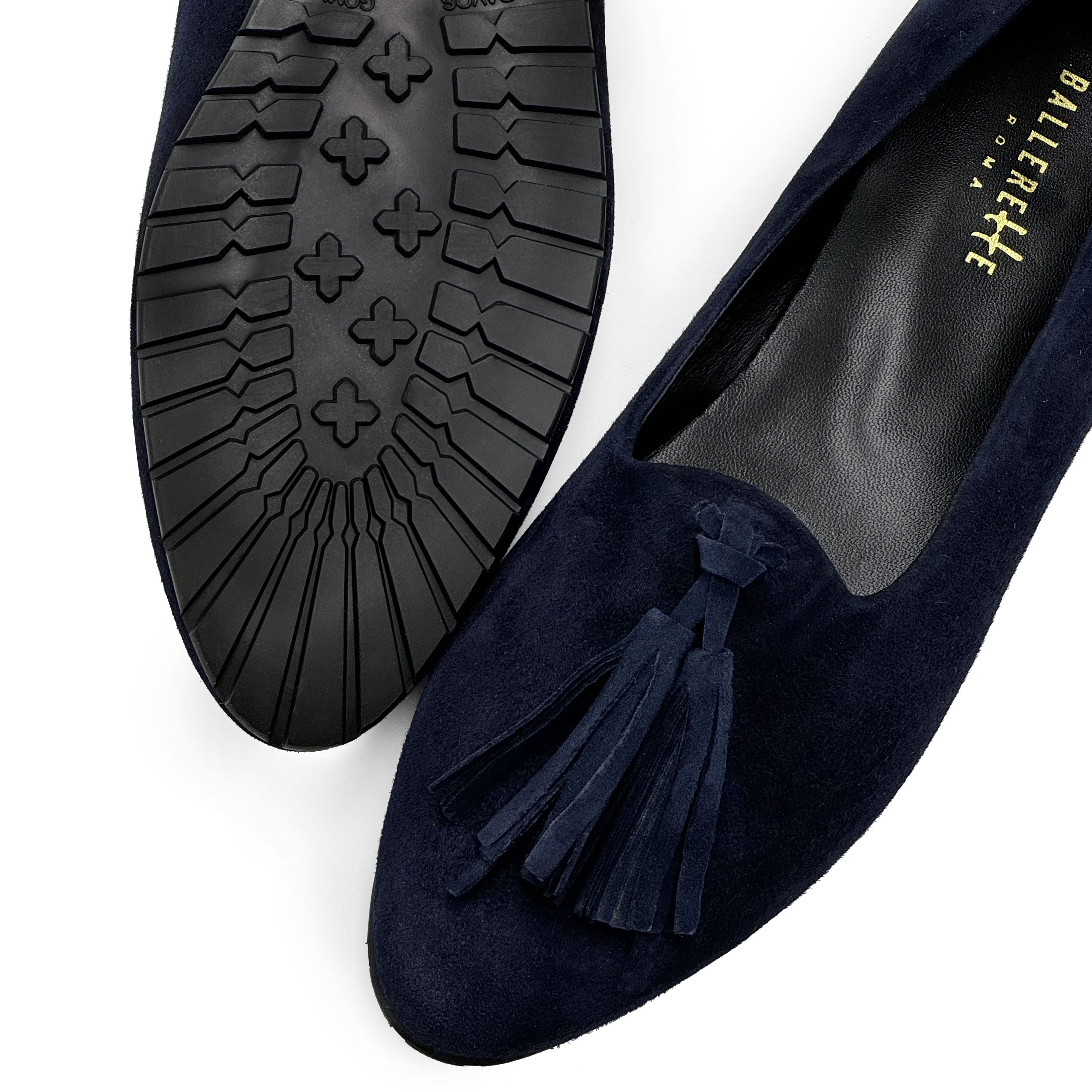 Blue suede women moccasins with tassels