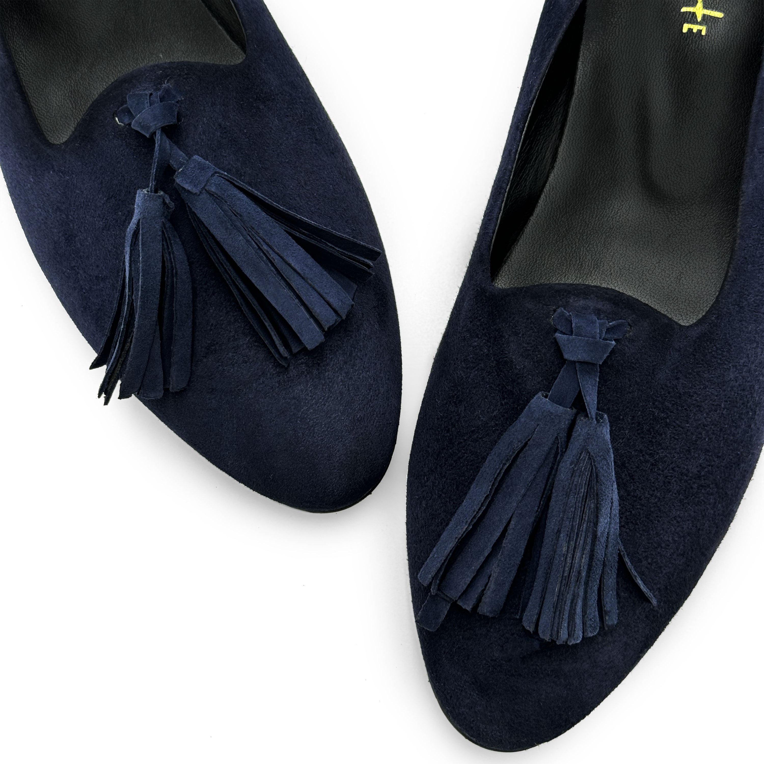 Blue suede women moccasins with tassels