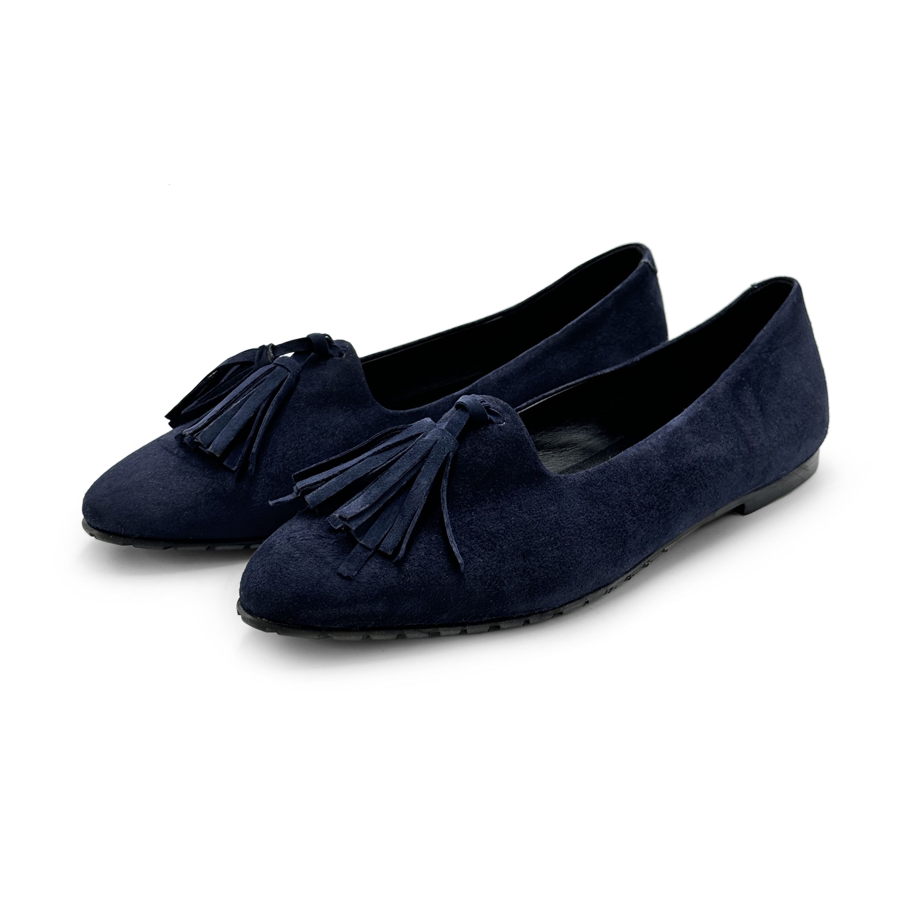 Blue suede women moccasins with tassels