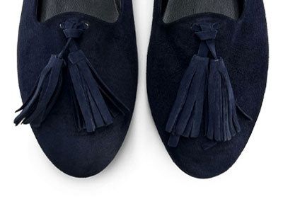 Blue suede women moccasins with tassels