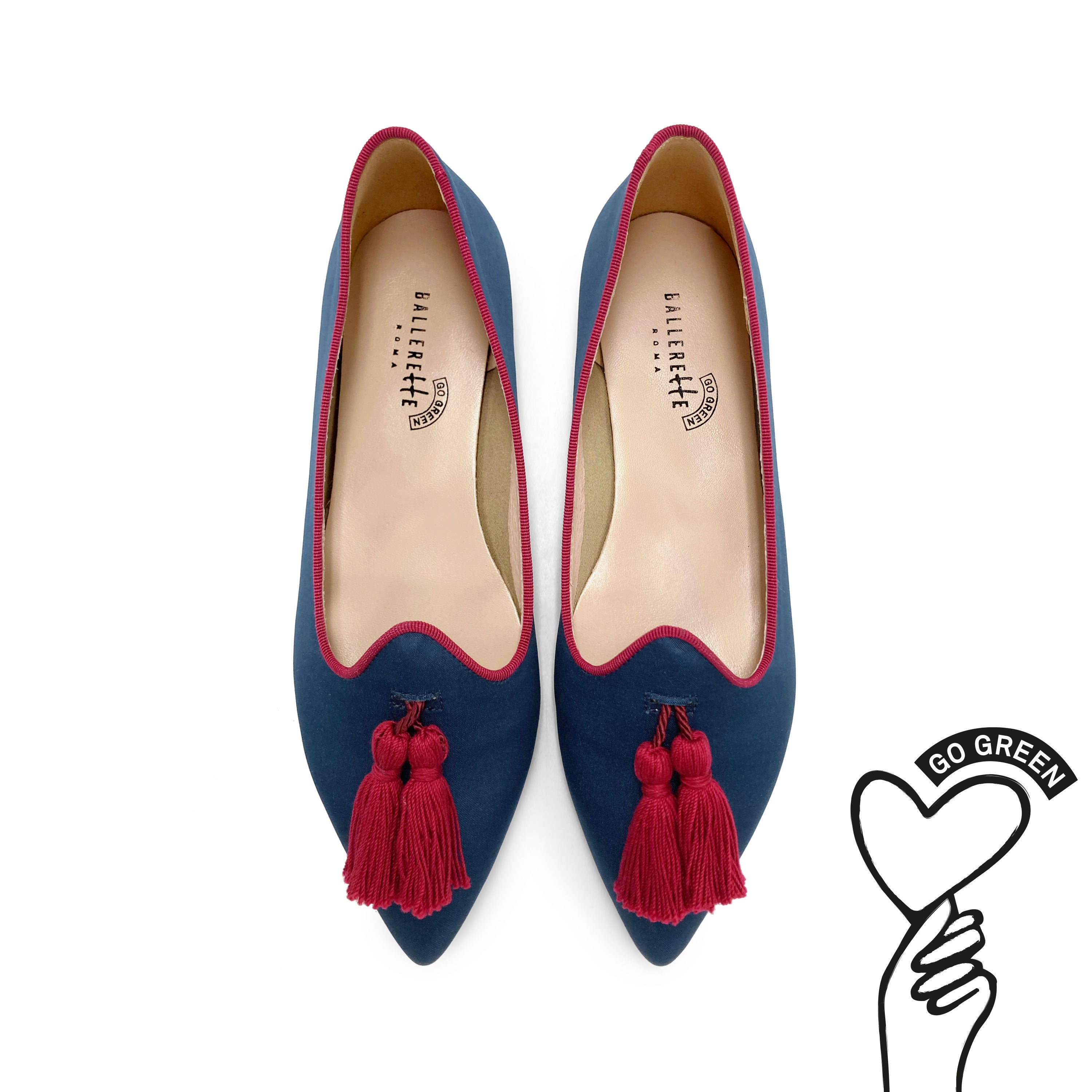 TT Go Green collection - women's blue eco-friendly satin moccasins with burgundy tassels