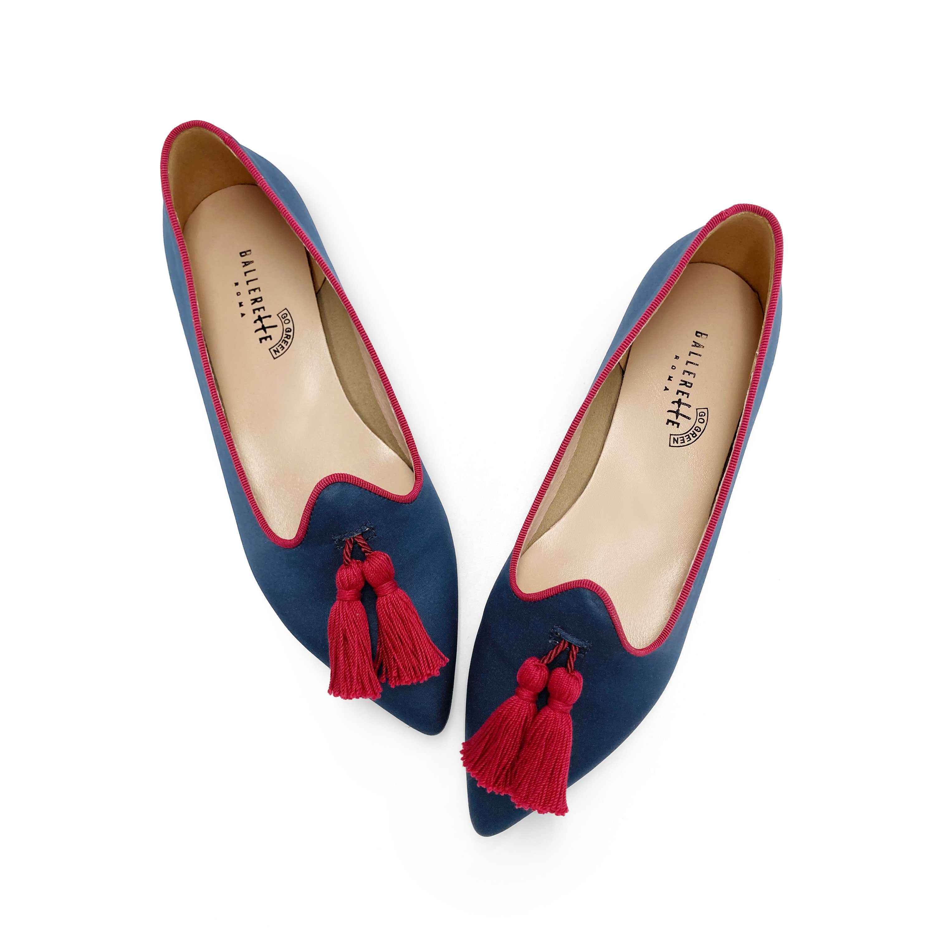 TT Go Green collection - women's blue eco-friendly satin moccasins with burgundy tassels