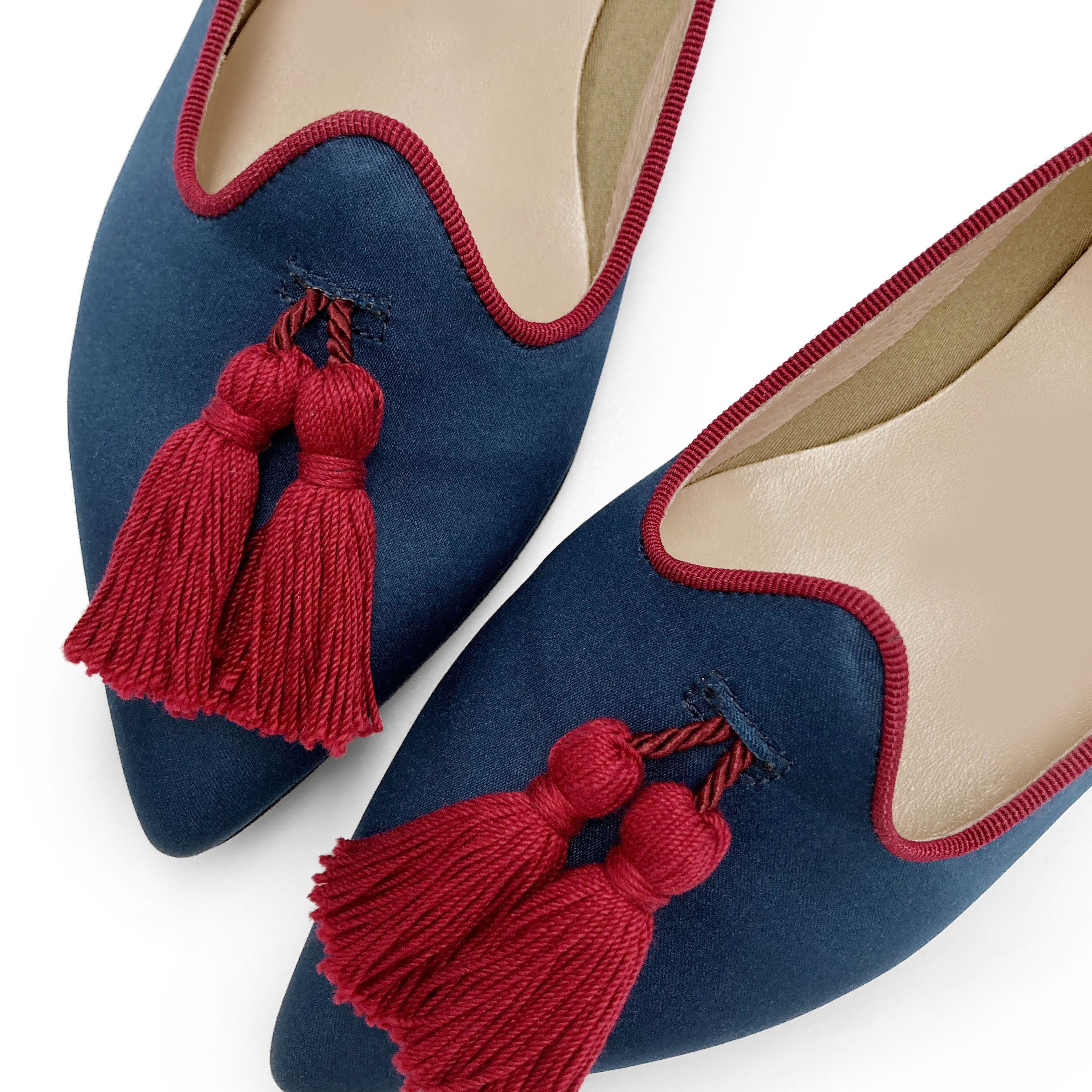 TT Go Green collection - women's blue eco-friendly satin moccasins with burgundy tassels