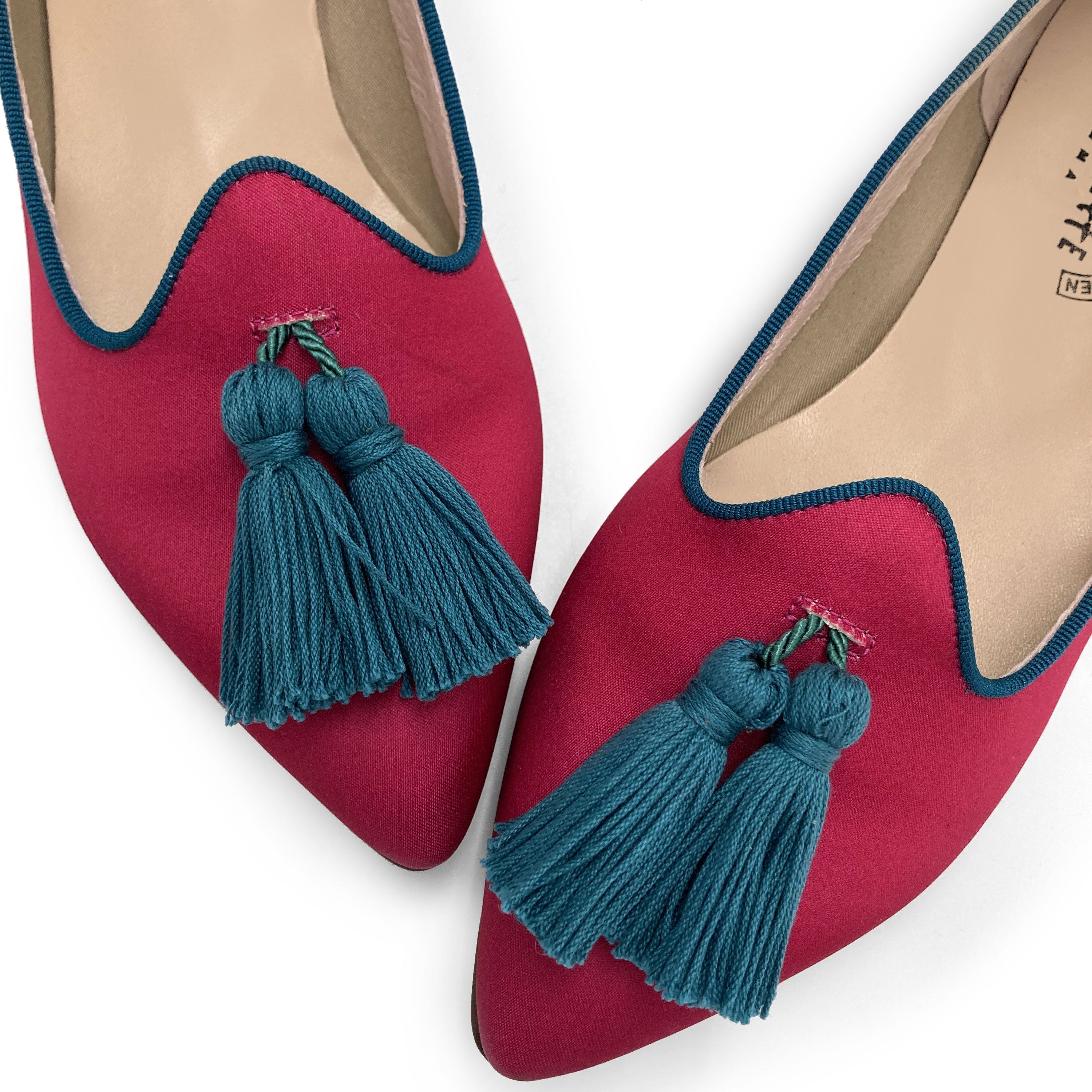 TT Go Green Collection - women’s fuchsia eco-friendly satin moccasins with petrol blue tassels