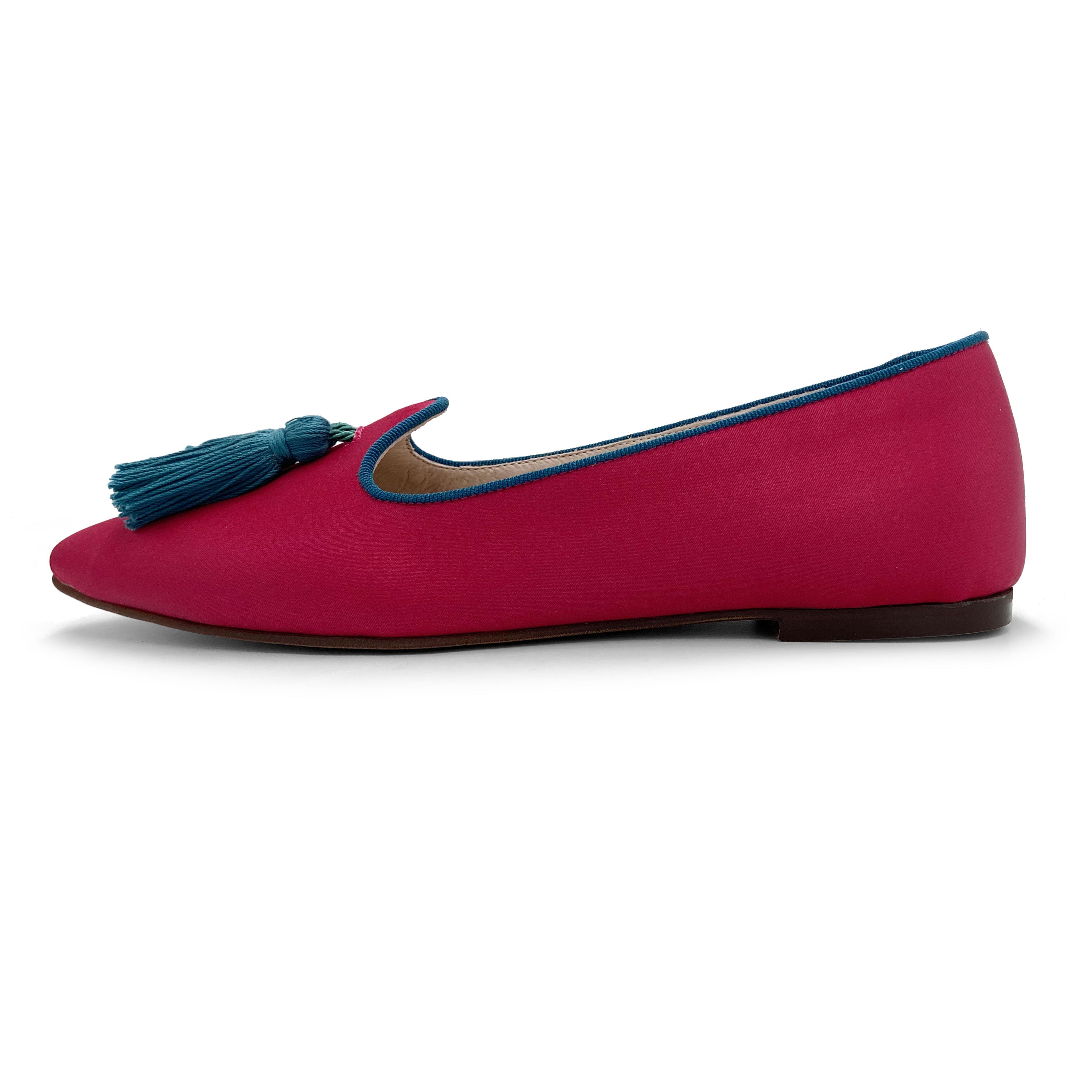 TT Go Green Collection - women’s fuchsia eco-friendly satin moccasins with petrol blue tassels