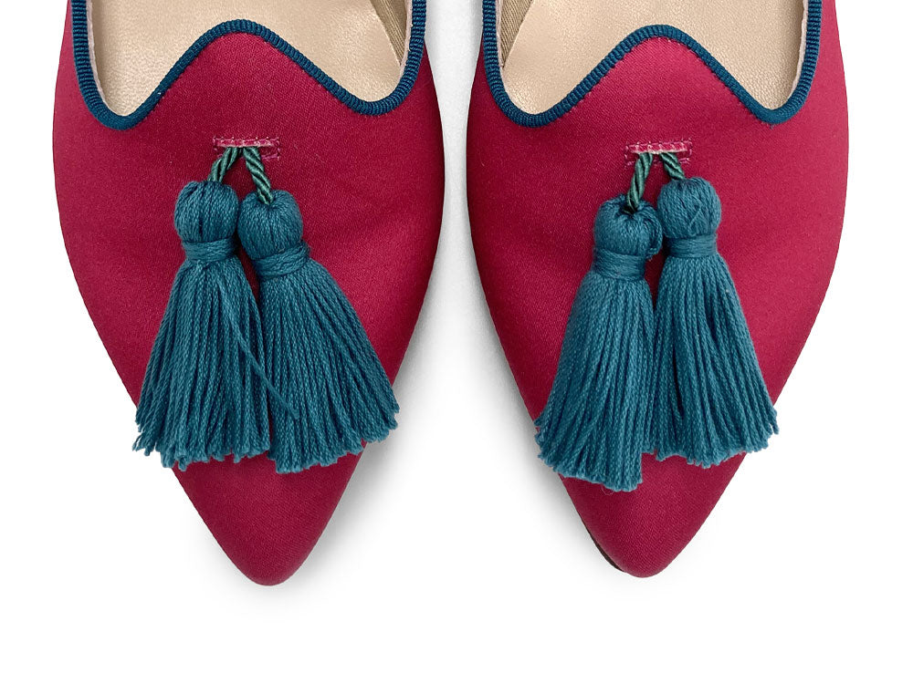 TT Go Green Collection - women’s fuchsia eco-friendly satin moccasins with petrol blue tassels