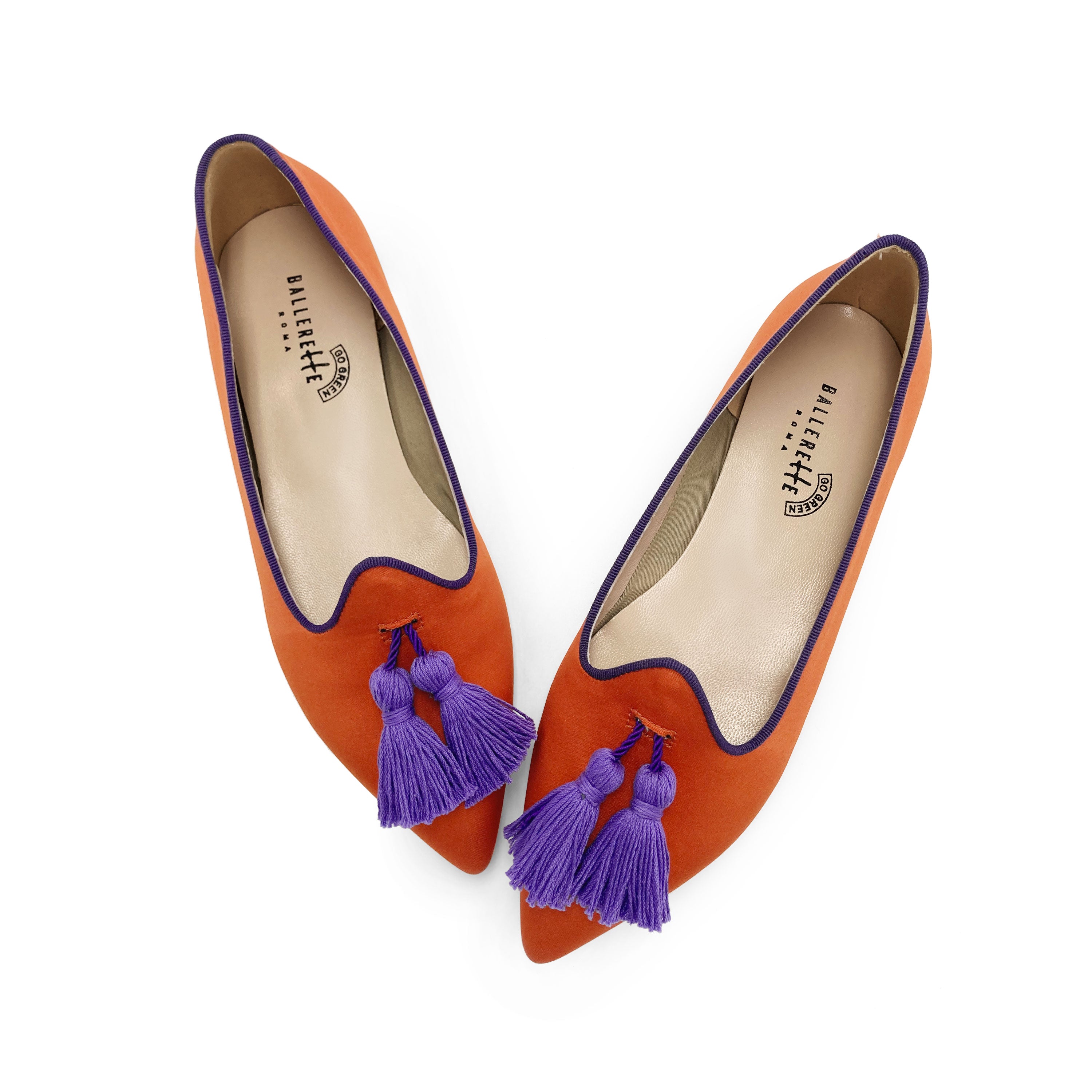 TT Go Green collection - women's orange eco-friendly satin moccasins with purple tassels