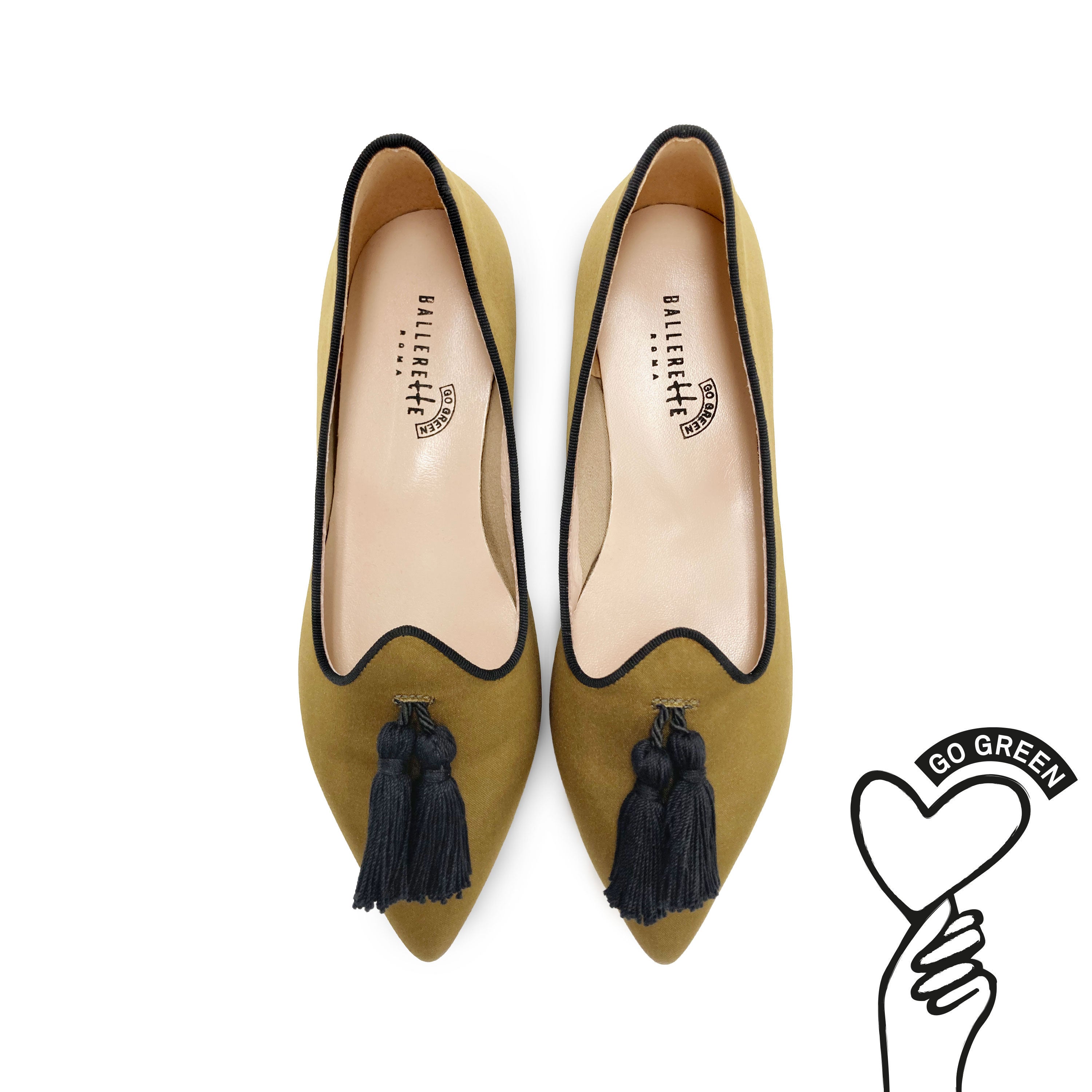 TT Go Green collection - women's mustard-colored eco-friendly satin moccasins with black tassels