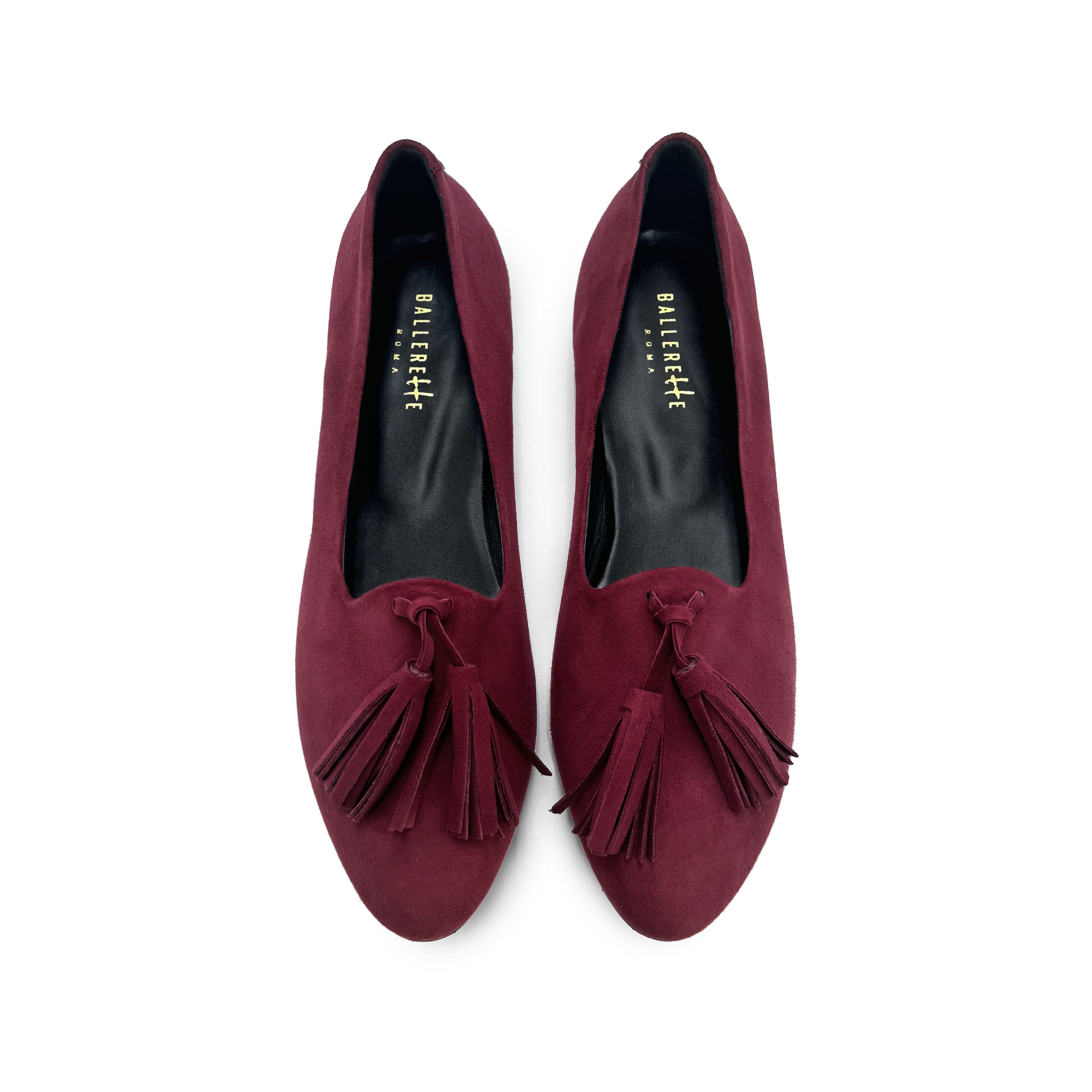 Burgundy suede women moccasins with tassels