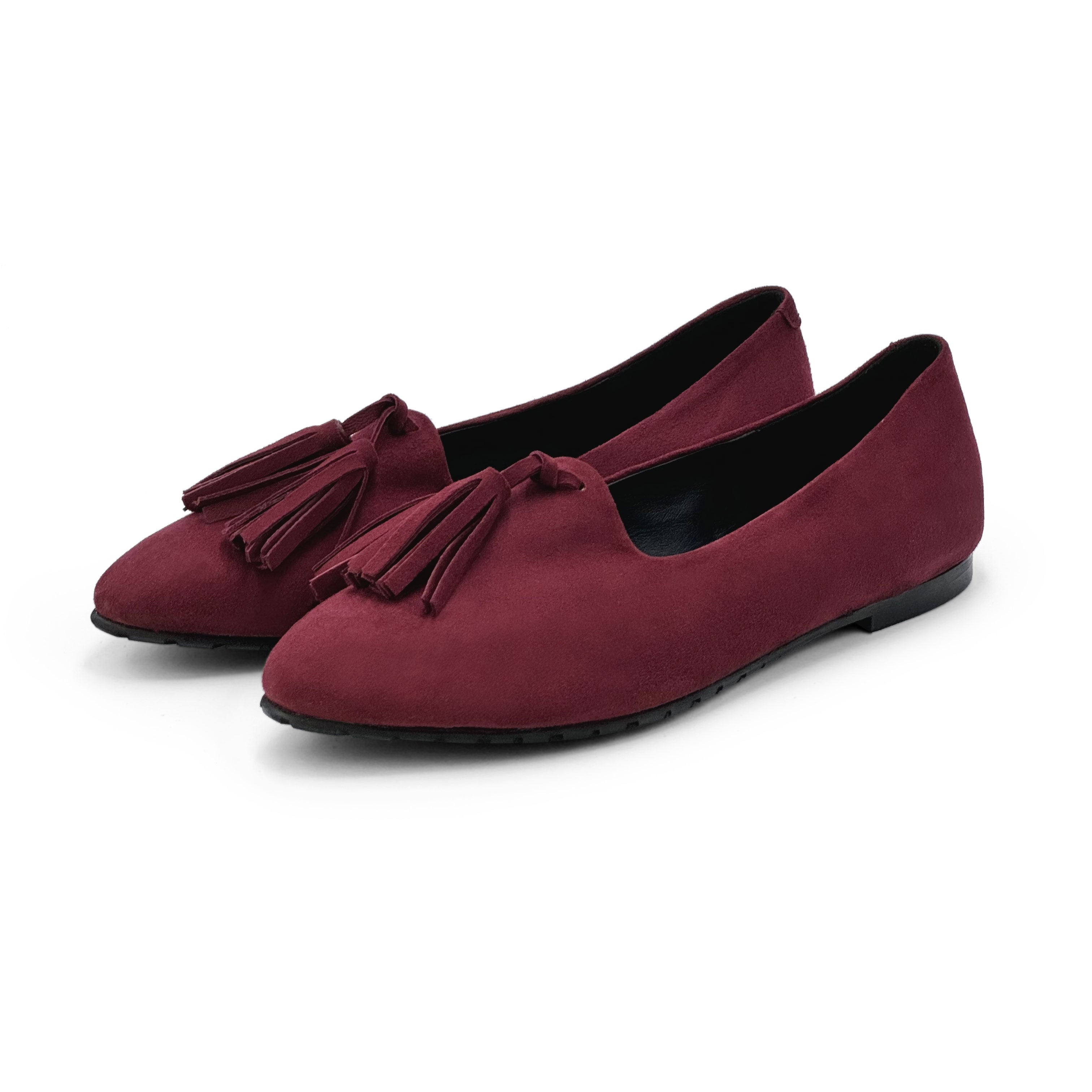 Burgundy suede women moccasins with tassels