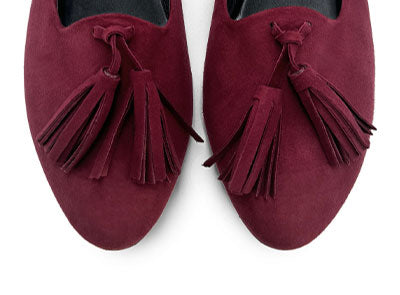 Burgundy suede women moccasins with tassels