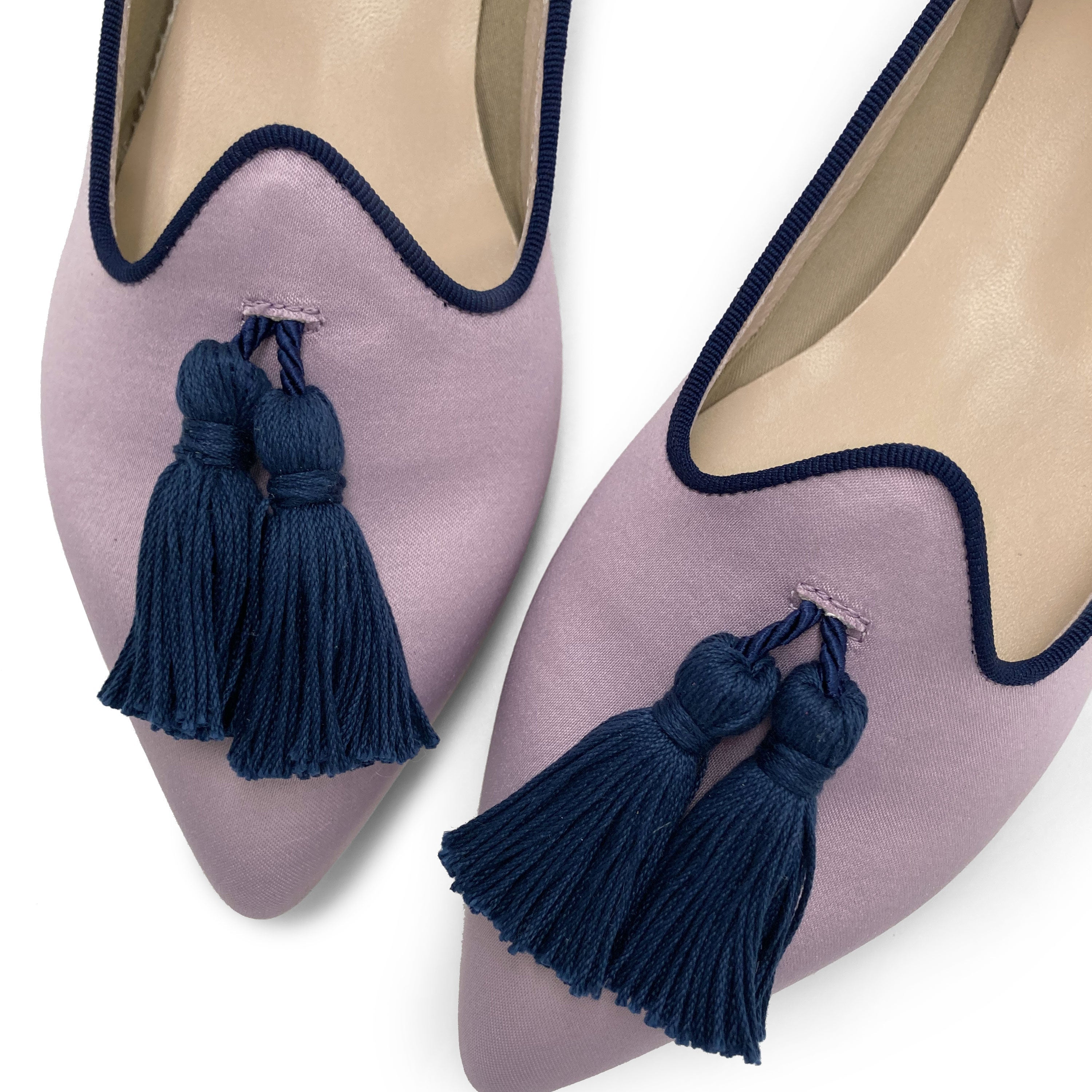 TT Go Green Collection - women’s lilac eco-friendly satin moccasins with blue tassels