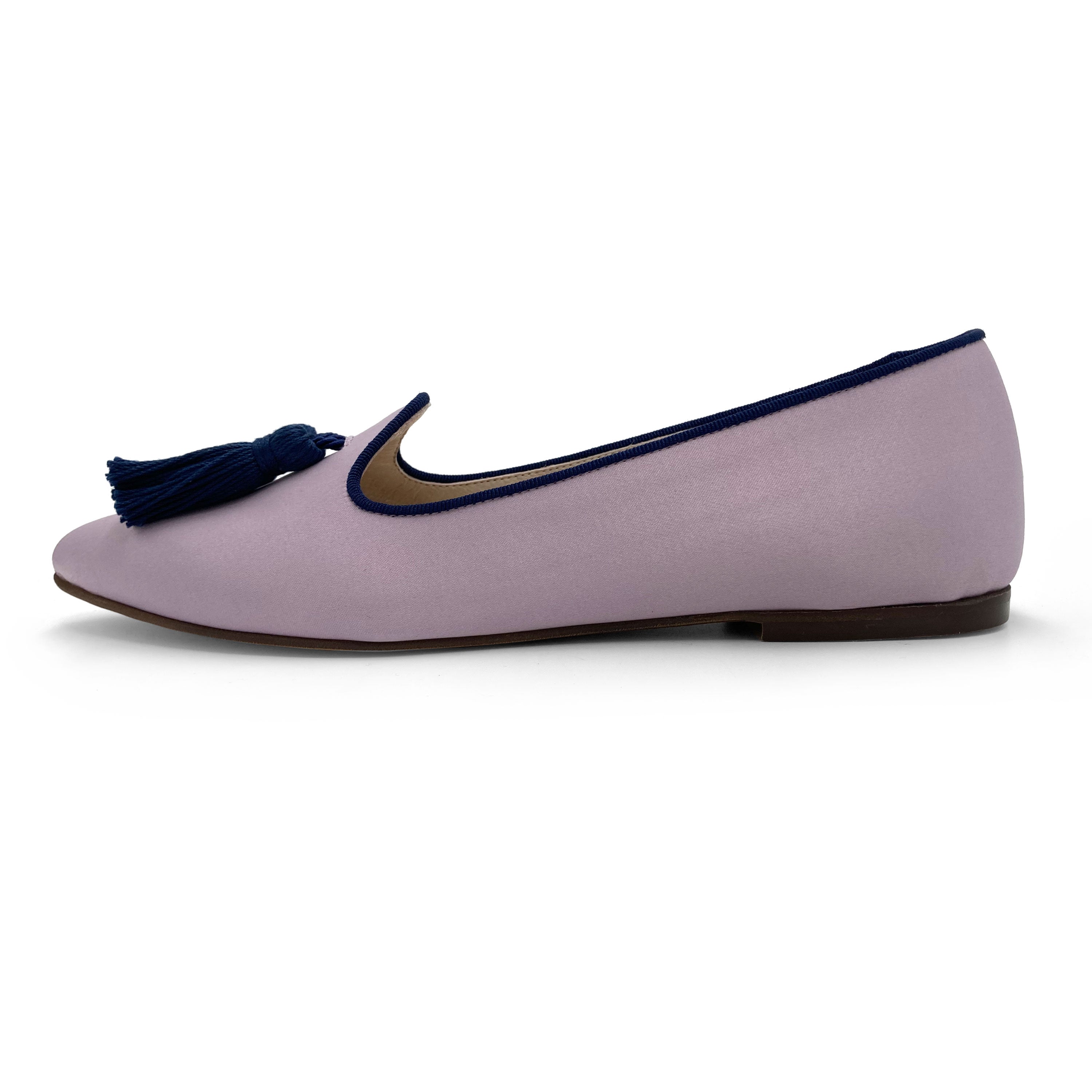 TT Go Green Collection - women’s lilac eco-friendly satin moccasins with blue tassels