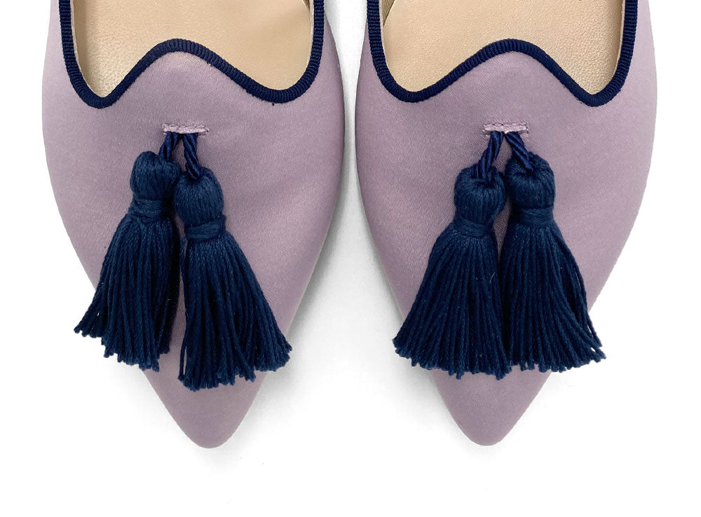 TT Go Green Collection - women’s lilac eco-friendly satin moccasins with blue tassels