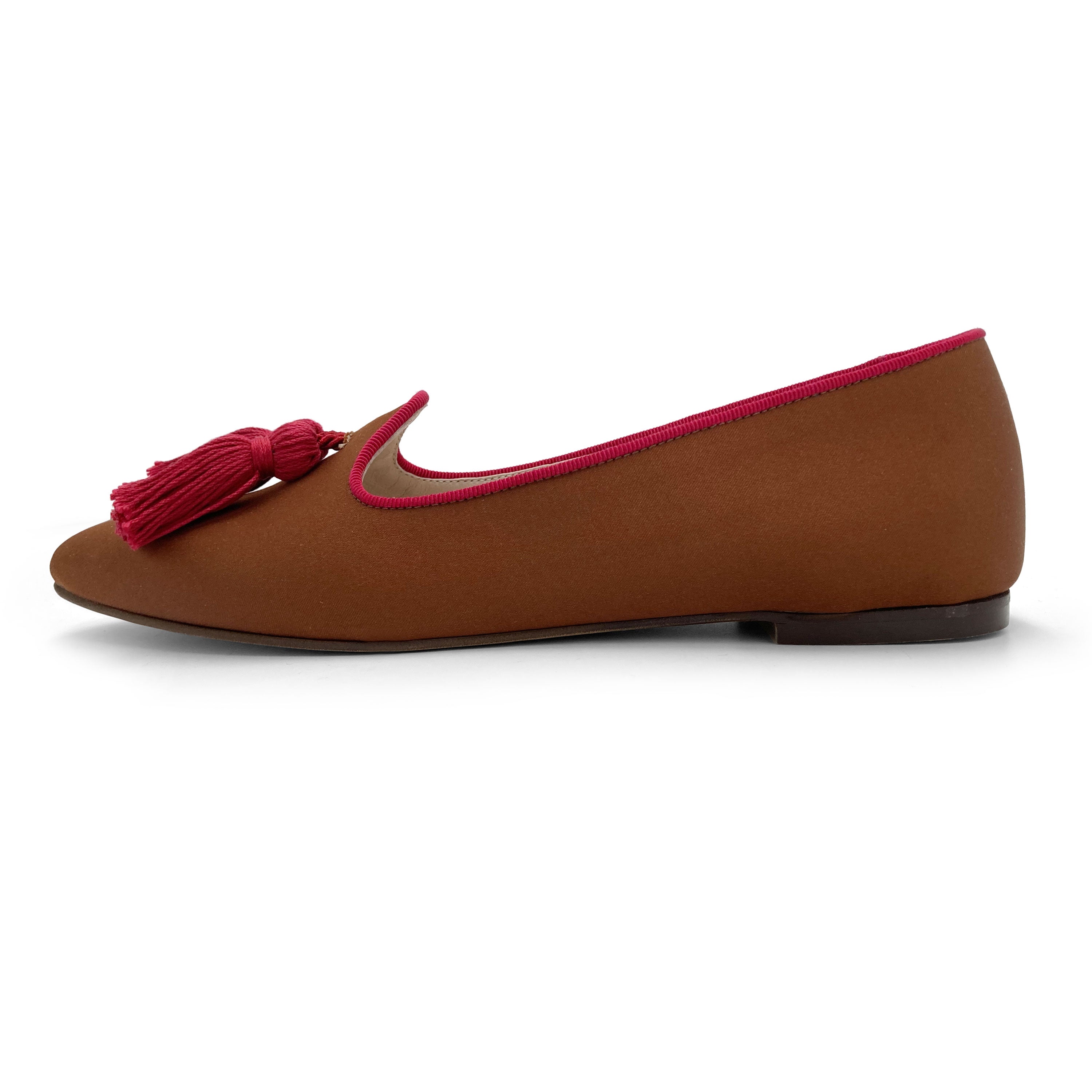 TT Go Green Collection - women’s brown eco-friendly satin moccasins with fuchsia tassels