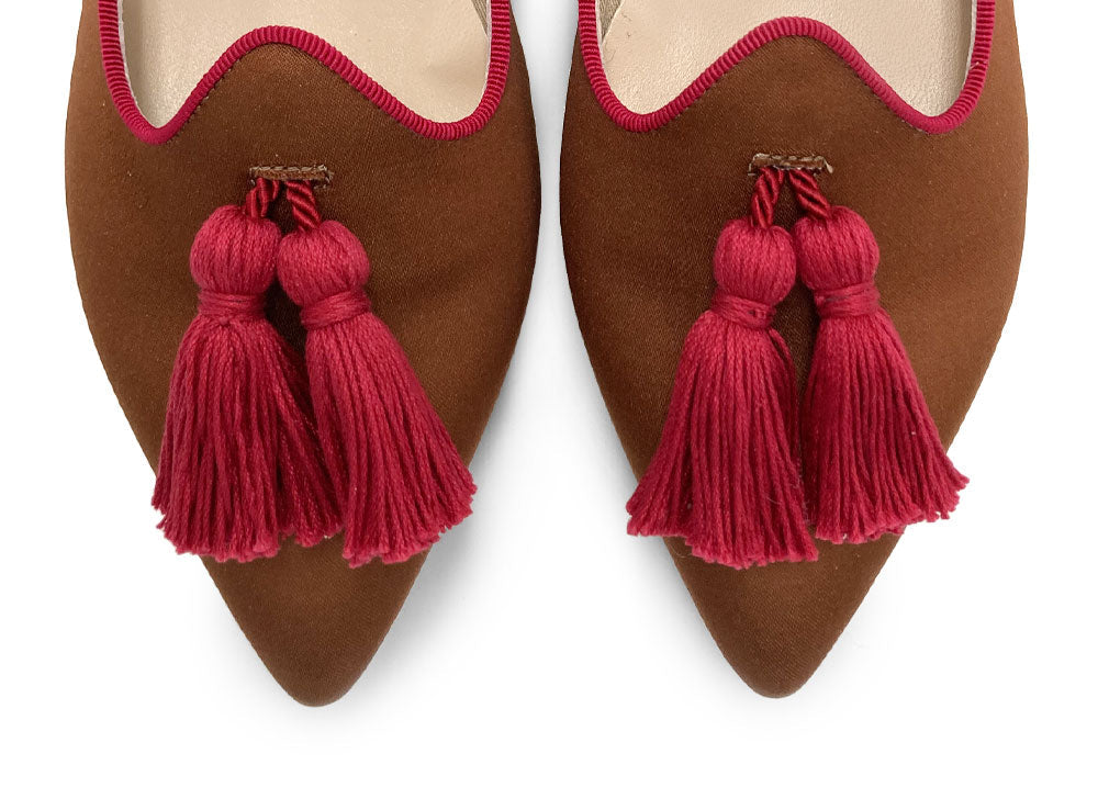 TT Go Green Collection - women’s brown eco-friendly satin moccasins with fuchsia tassels