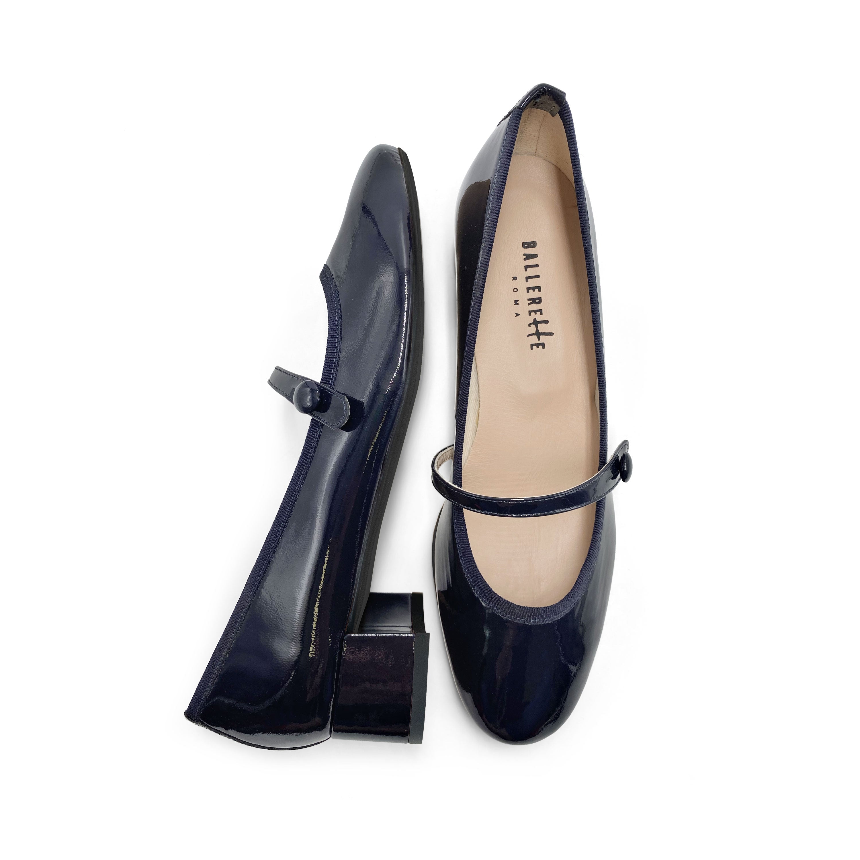 Blue patent leather Mary Jane ballet flats with strap and heel