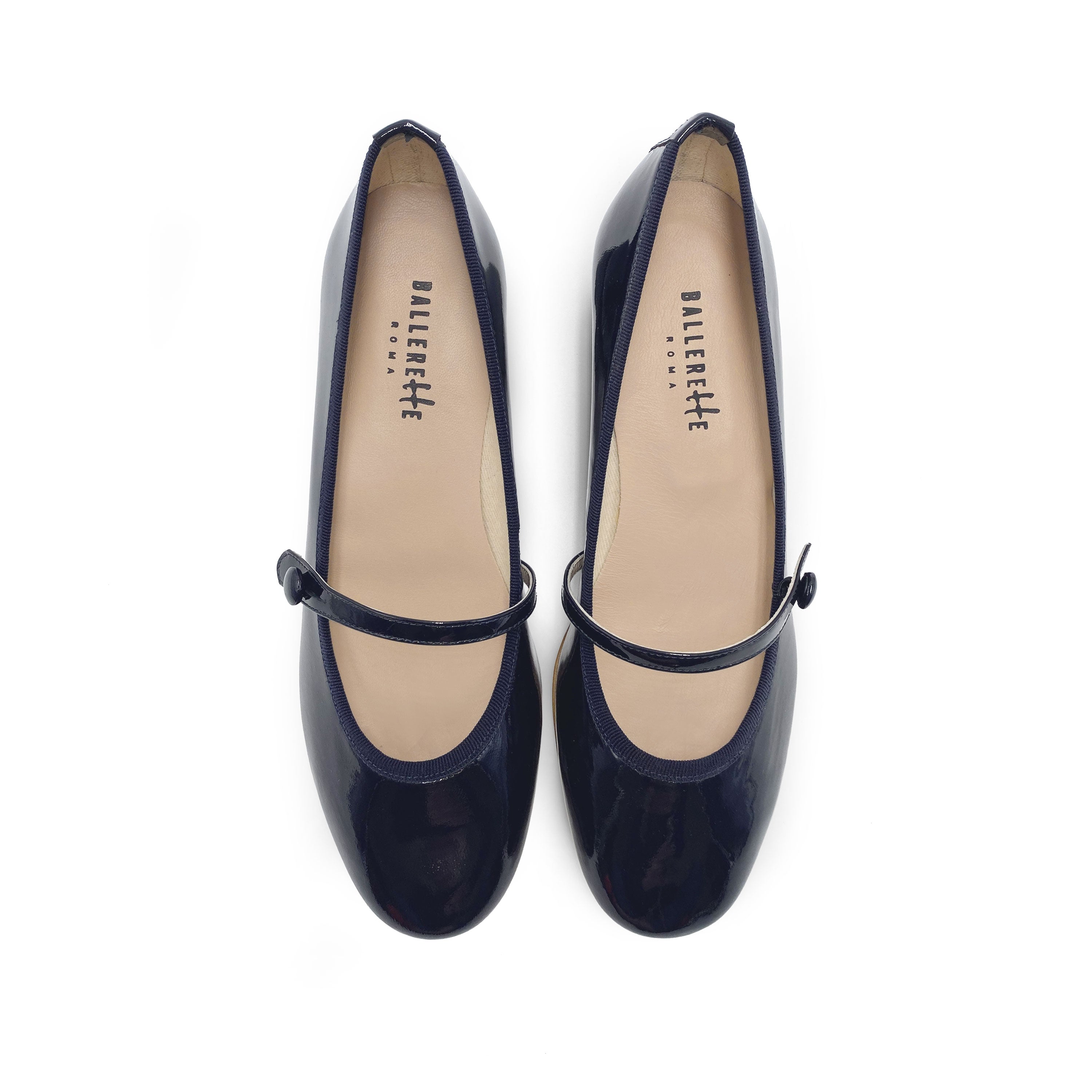 Blue patent leather Mary Jane ballet flats with strap and heel