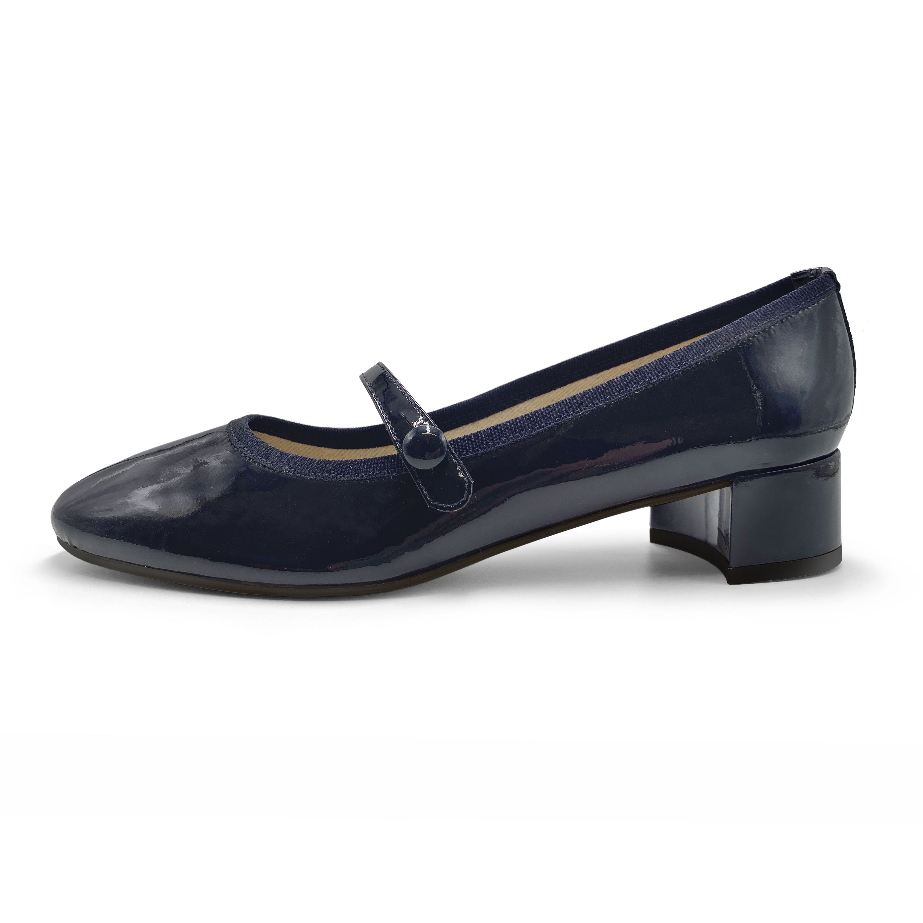 Blue Patent Leather Mary Jane Ballet Flats with Strap and Heel