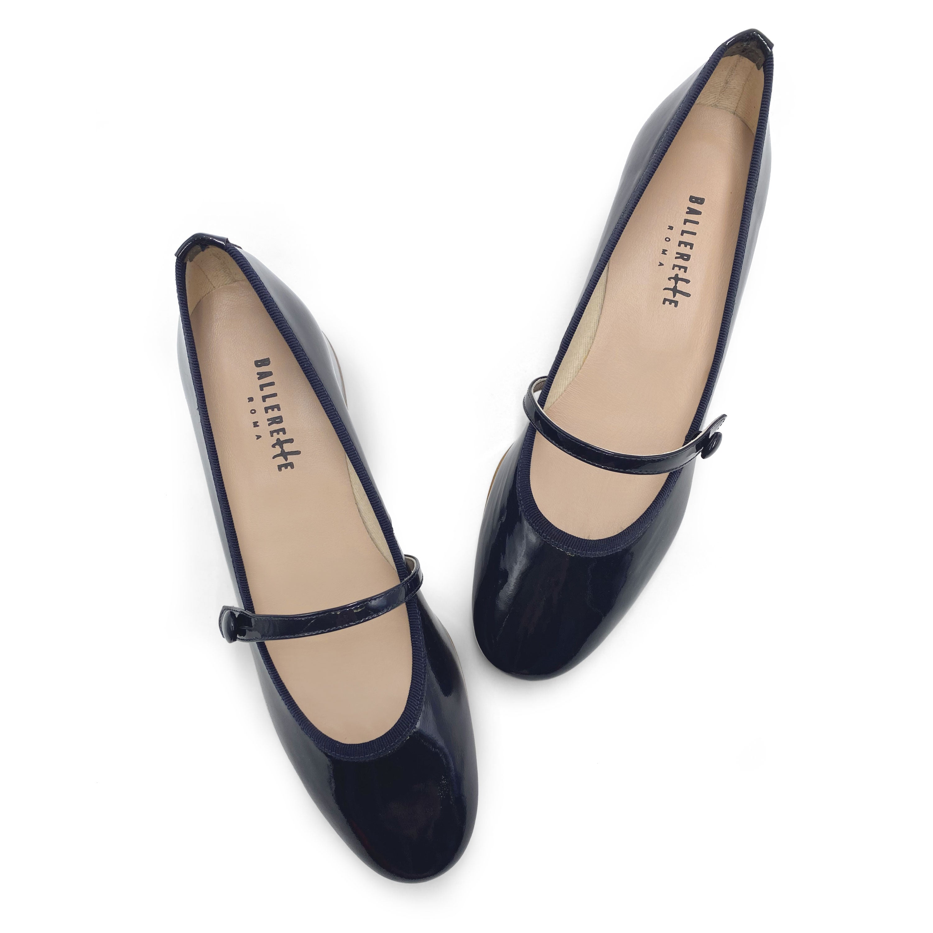 Blue patent leather Mary Jane ballet flats with strap and heel