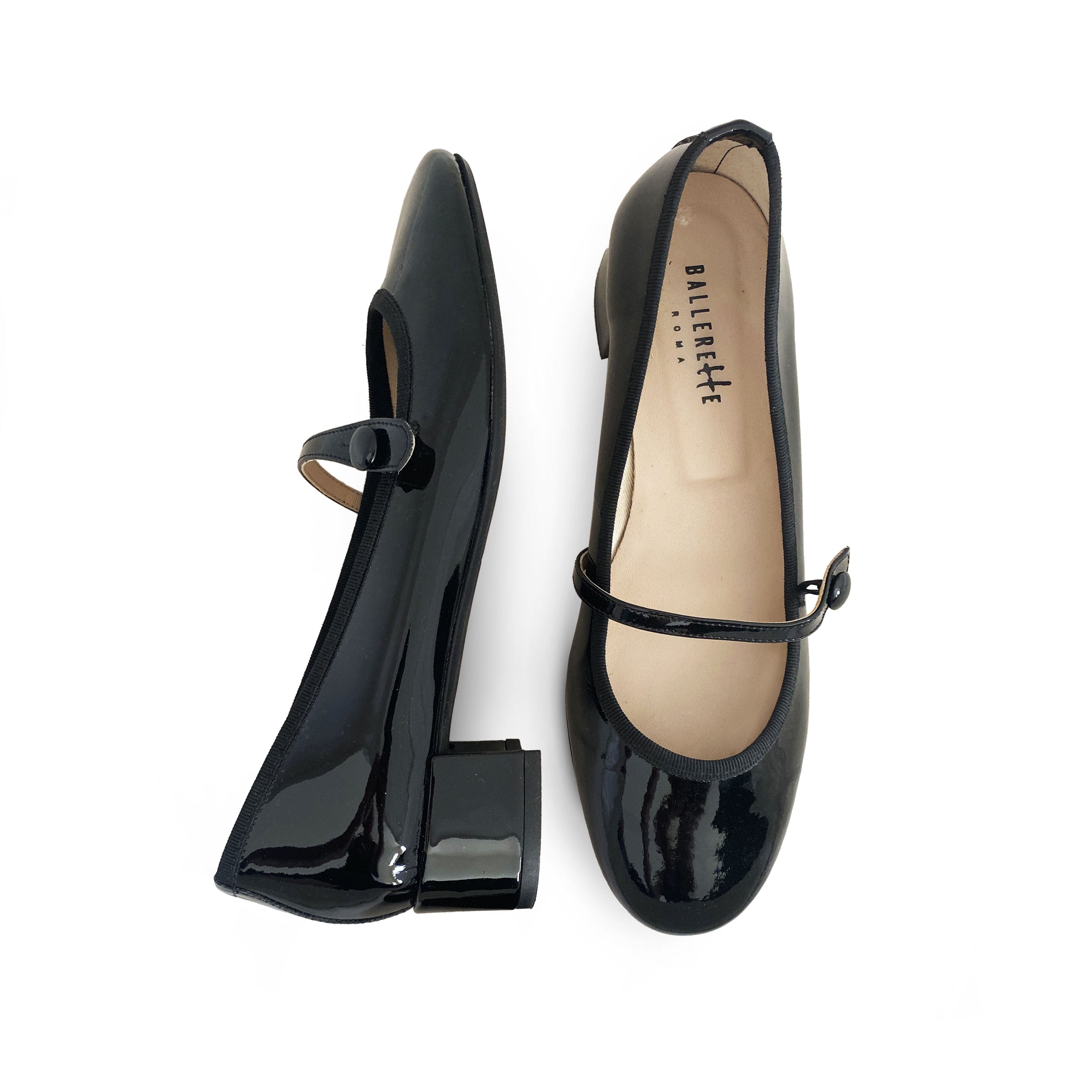 Black Patent Leather Mary Jane Ballet Flats with Strap and Heel