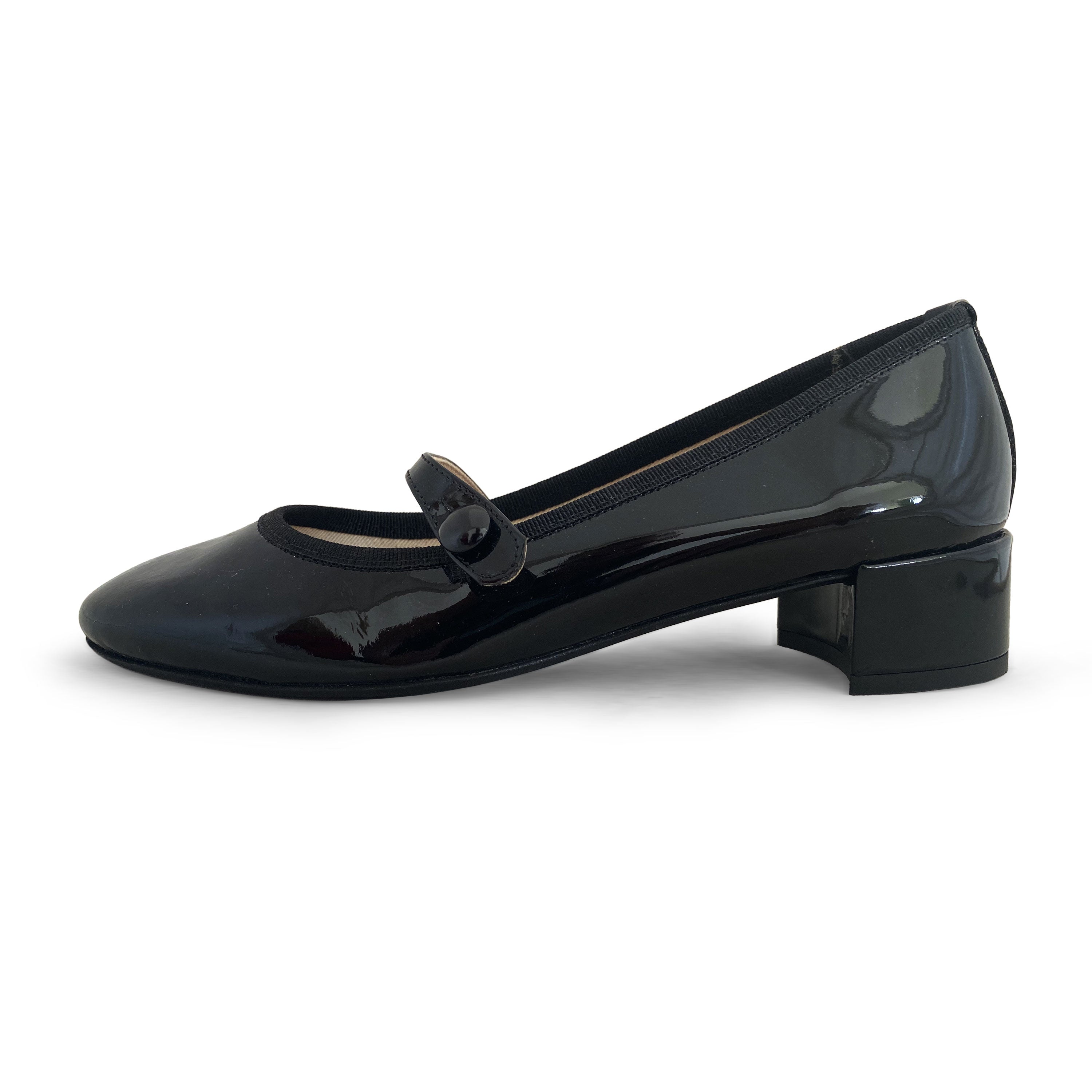 Black patent leather Mary Jane ballet flats with strap and heel