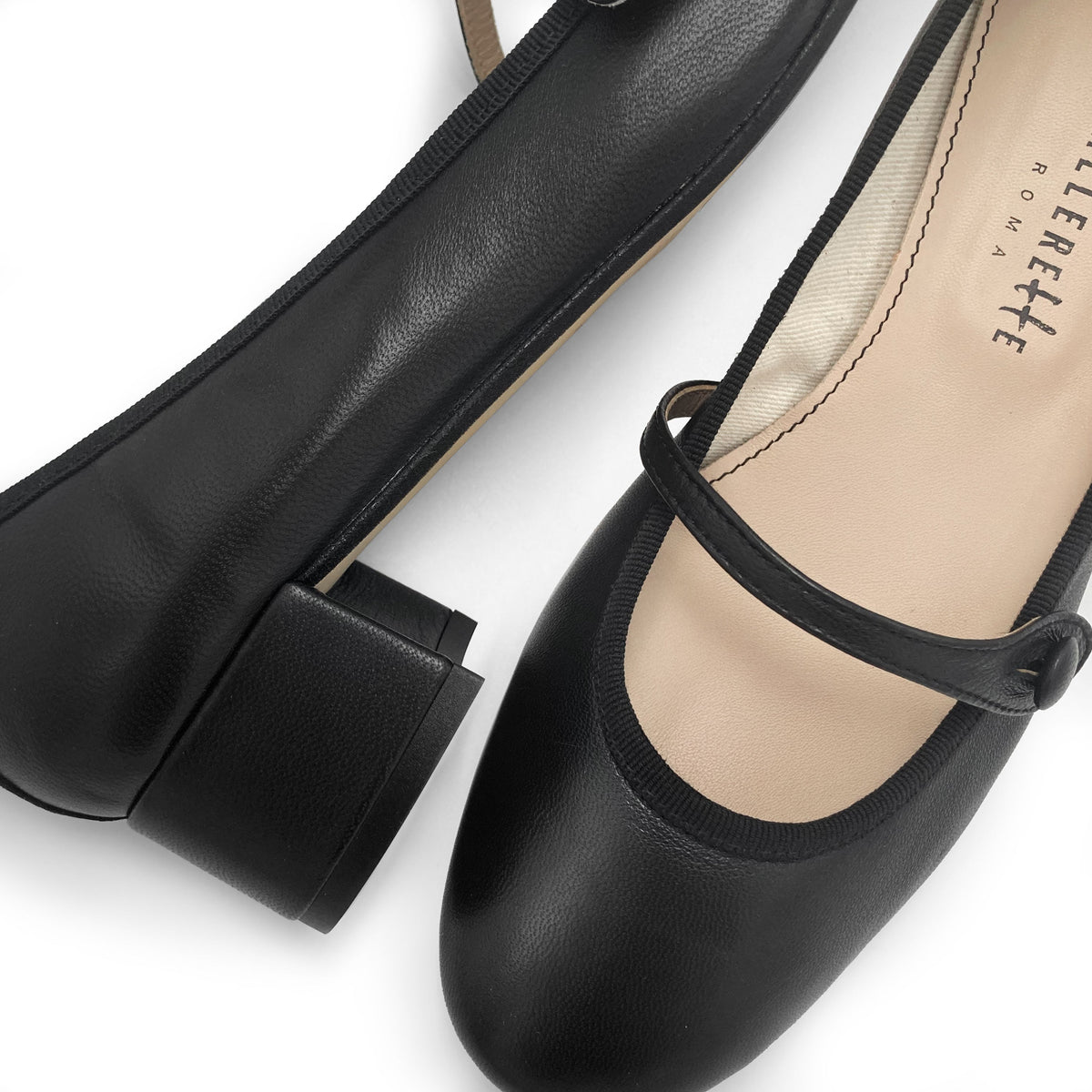 Black leather Mary Jane ballet flats with strap and heel