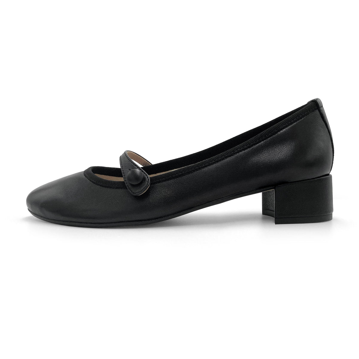 Black leather Mary Jane ballet flats with strap and heel