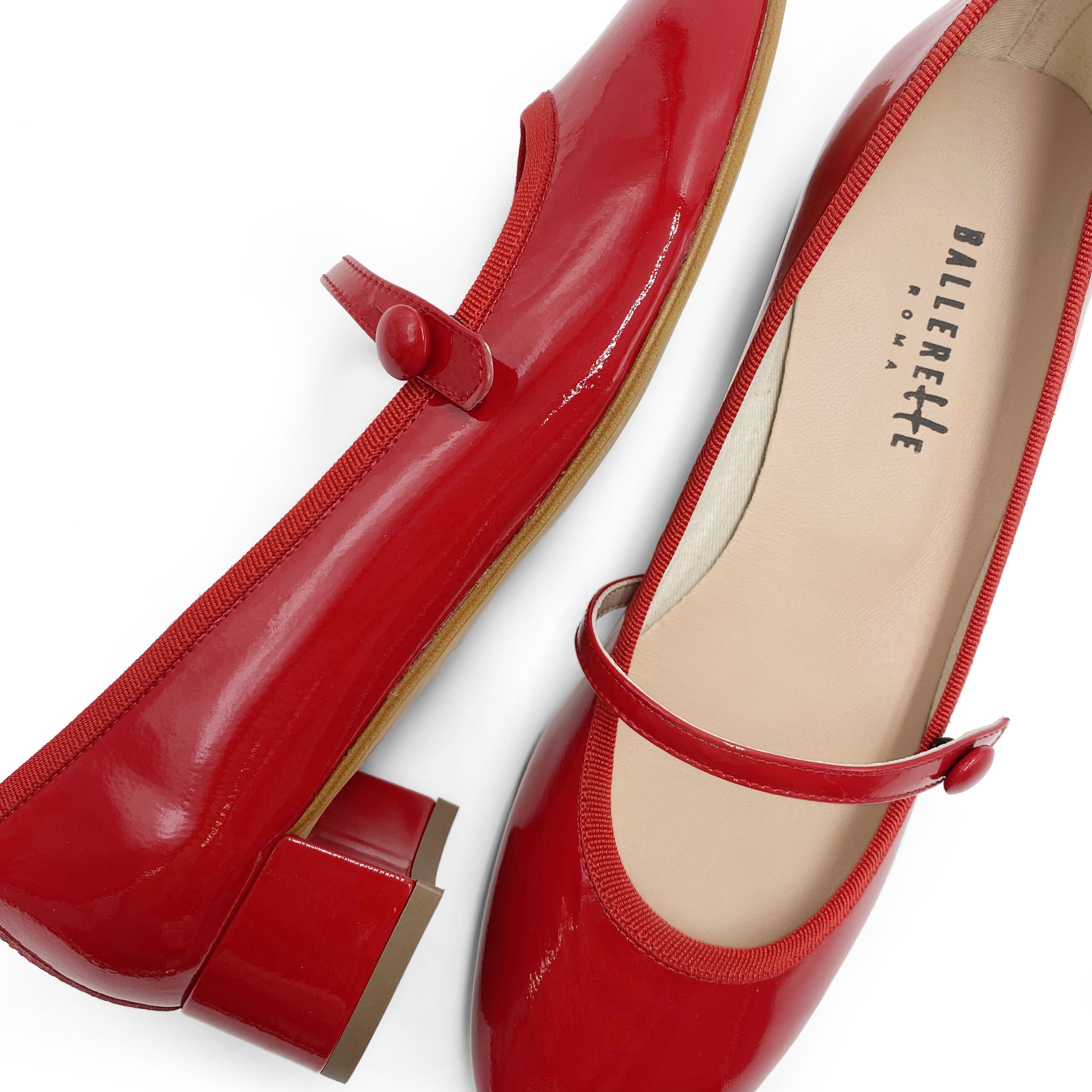 Red Patent Leather Mary Jane Ballet Flats with Strap and Heel