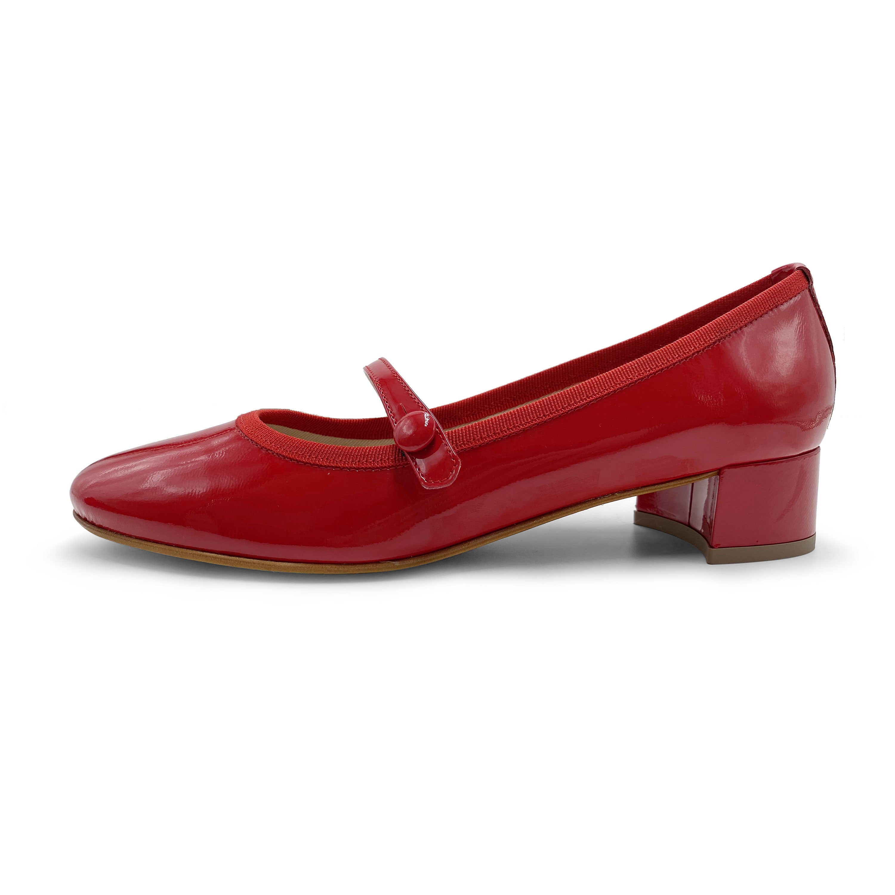 Red patent leather Mary Jane ballet flats with strap and heel