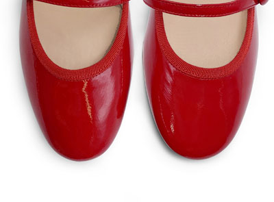 Red patent leather Mary Jane ballet flats with strap and heel