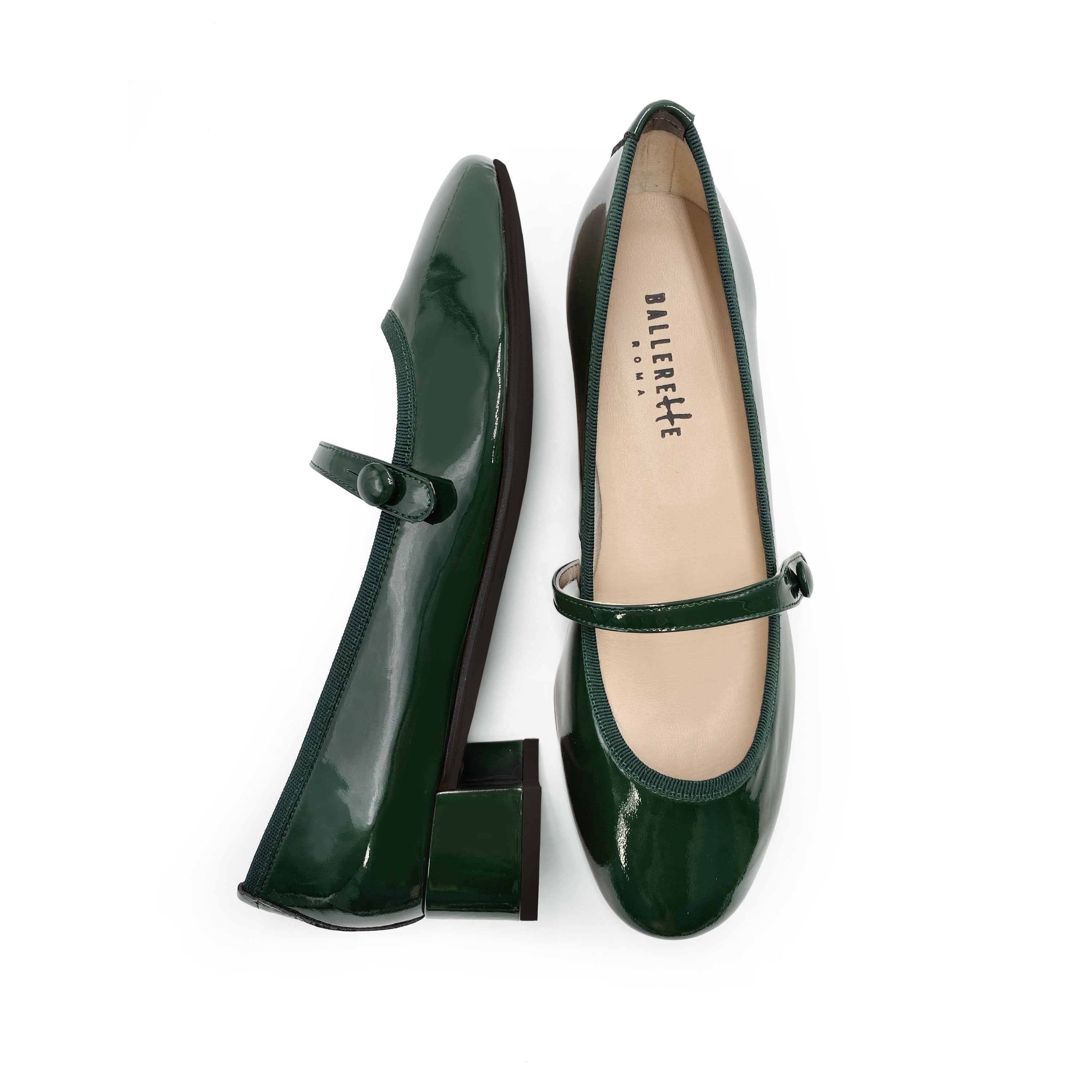 Green patent leather ballet flats with strap and heel