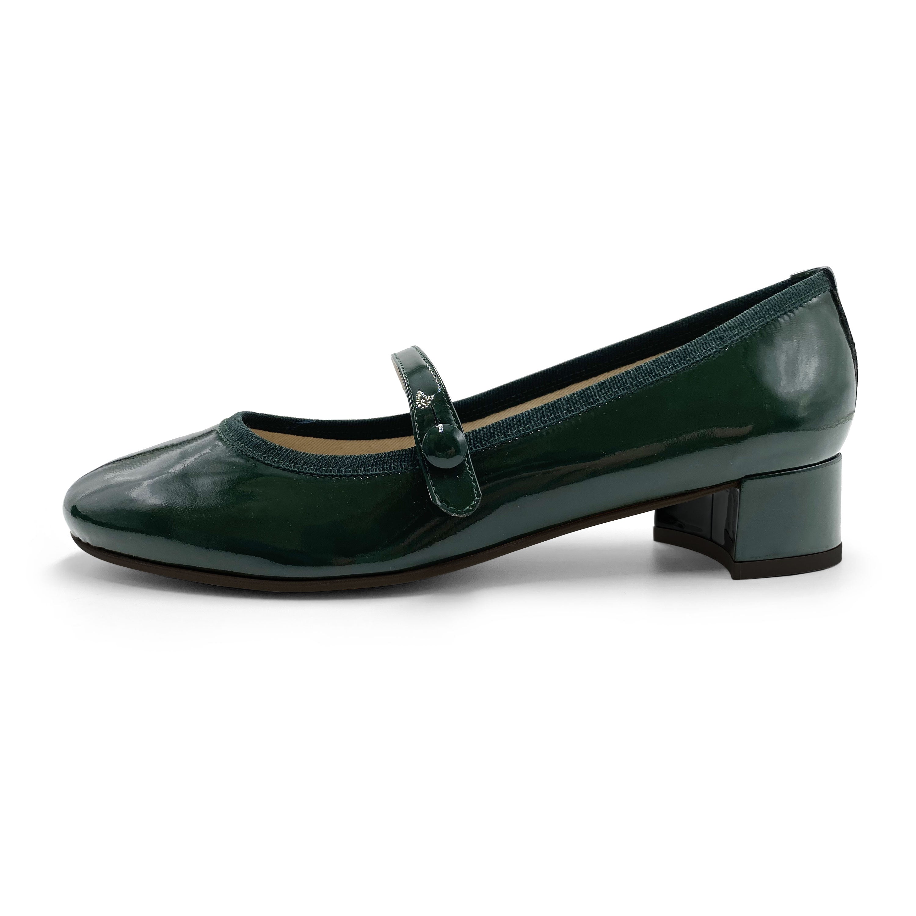 Green patent leather ballet flats with strap and heel