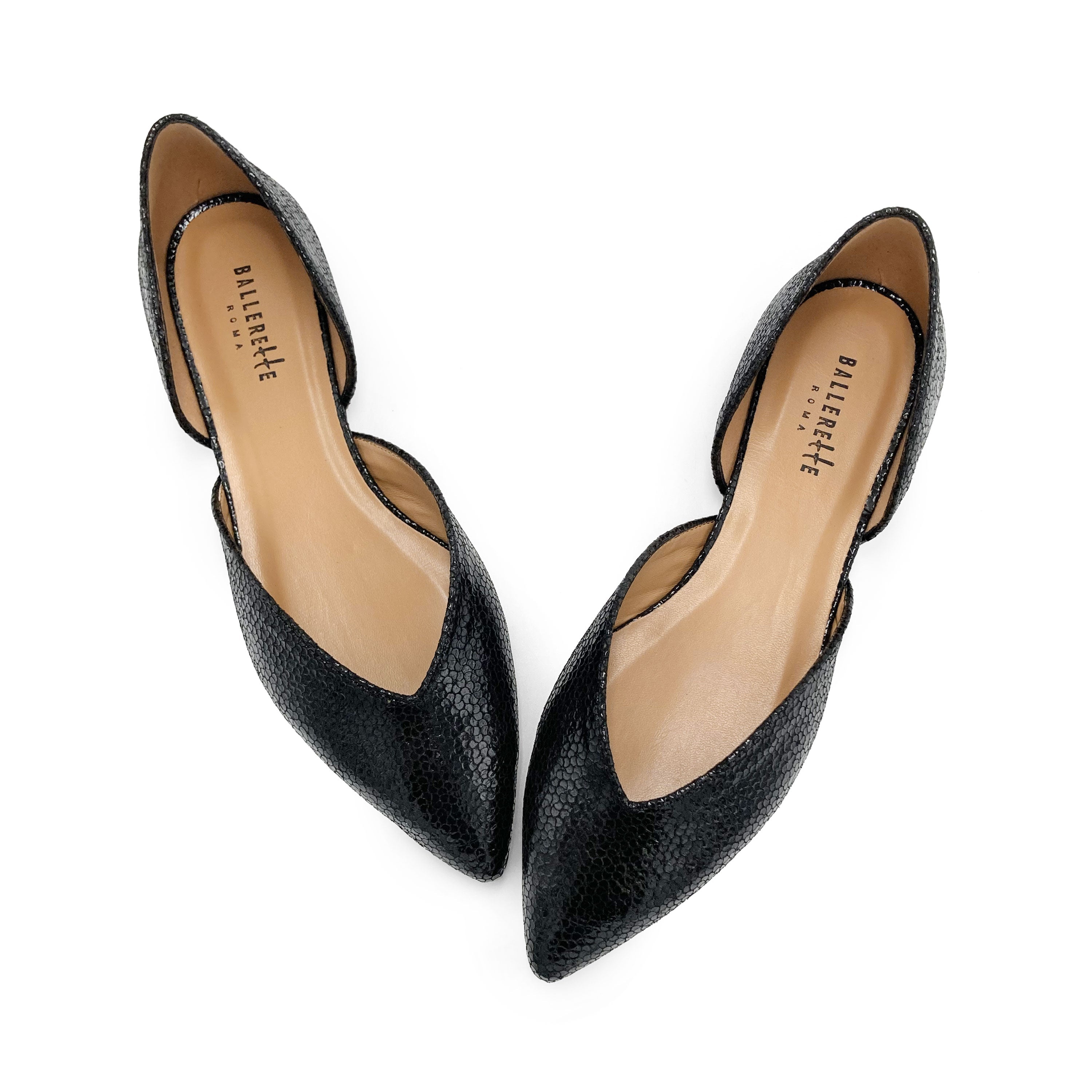 Open black laminated ballet flats
