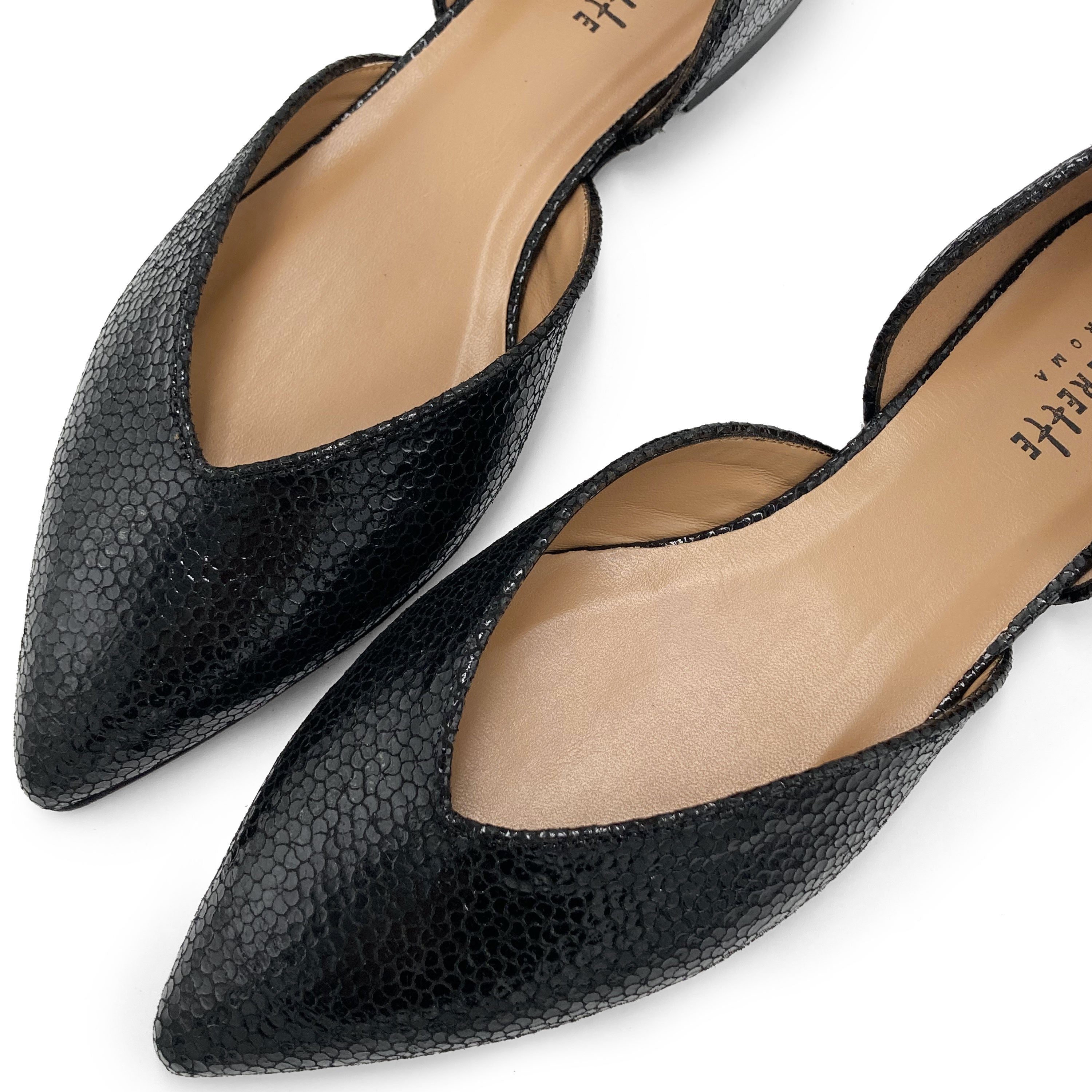Open black laminated ballet flats