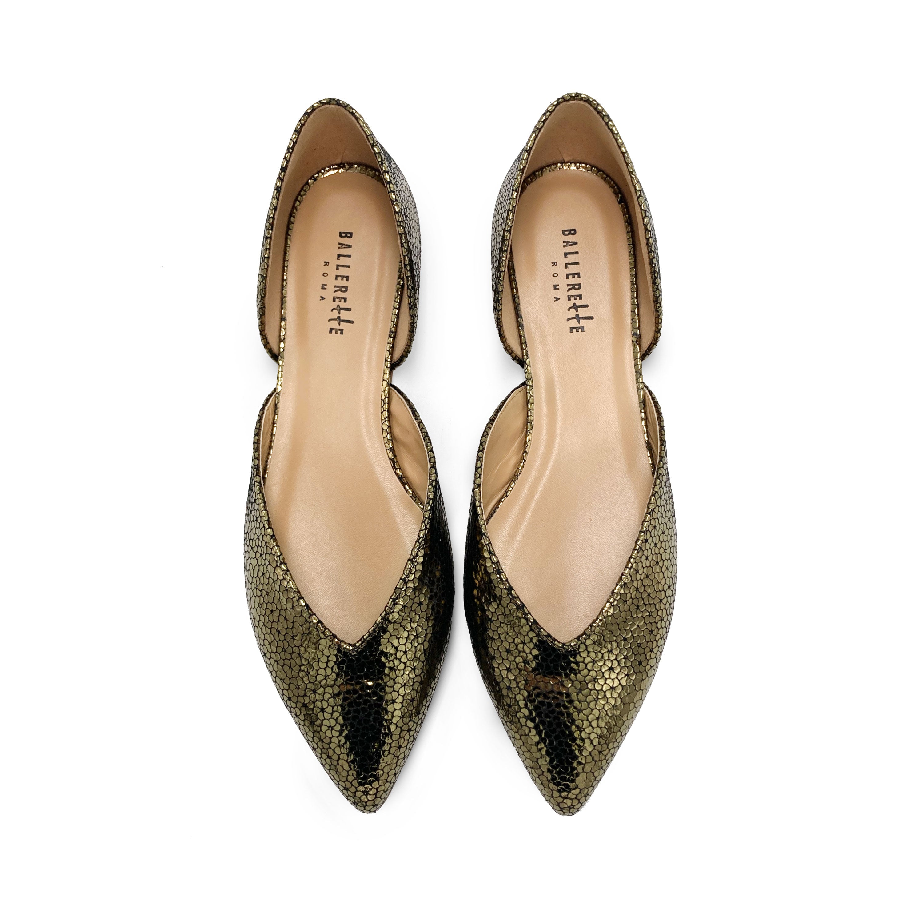 Open bronze laminated ballet flats