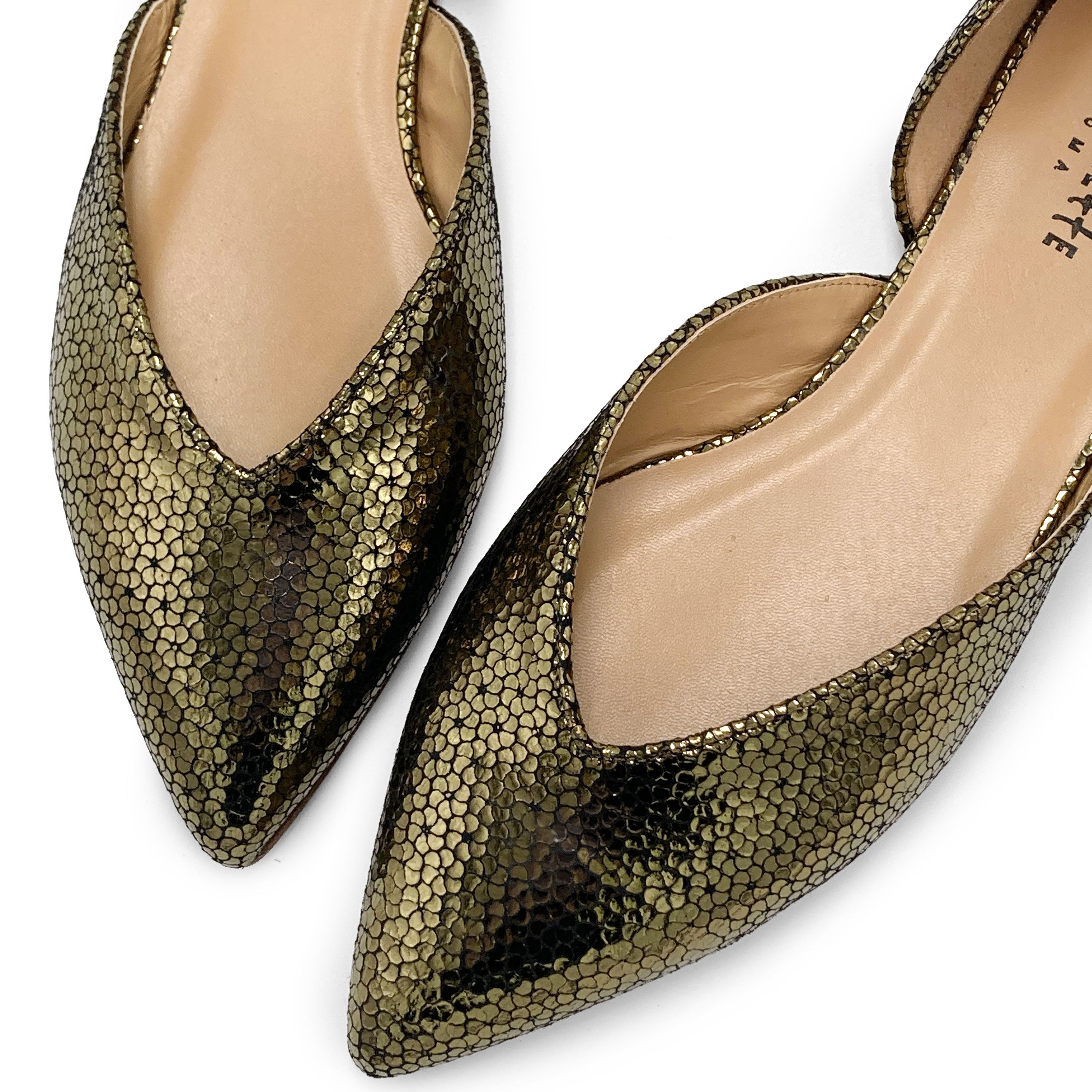 Open bronze laminated ballet flats