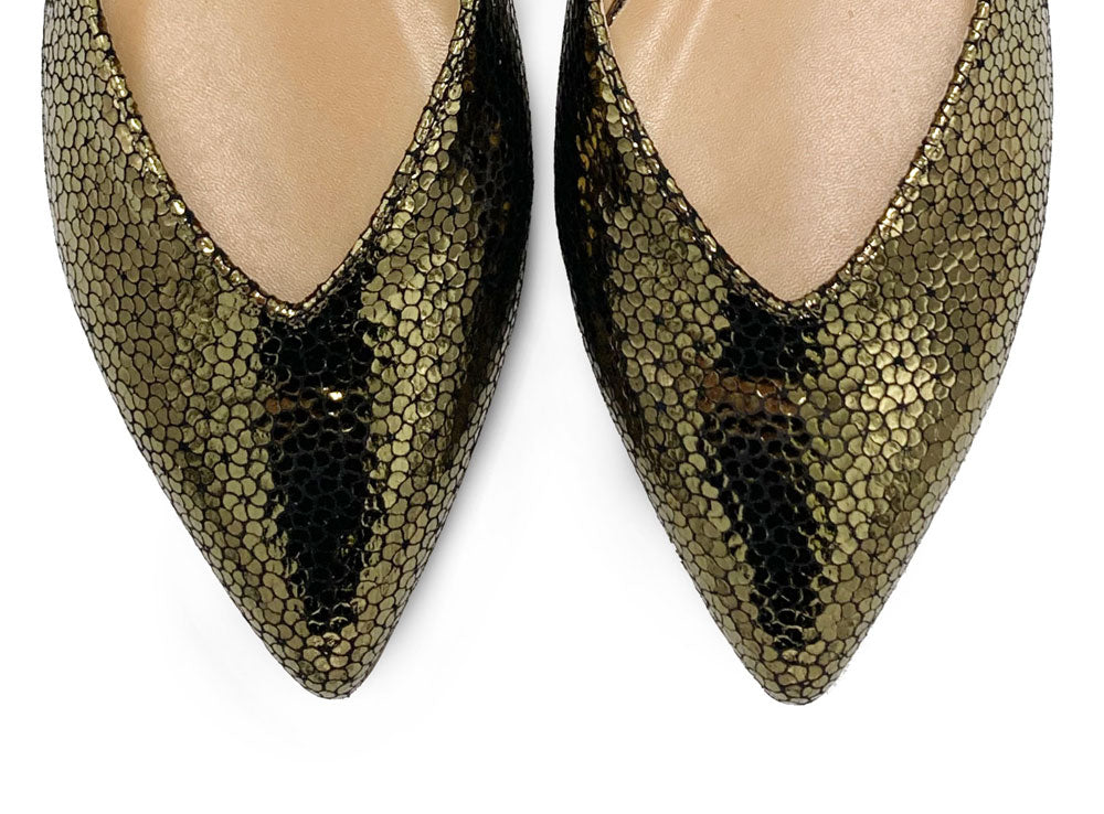 Open bronze laminated ballet flats