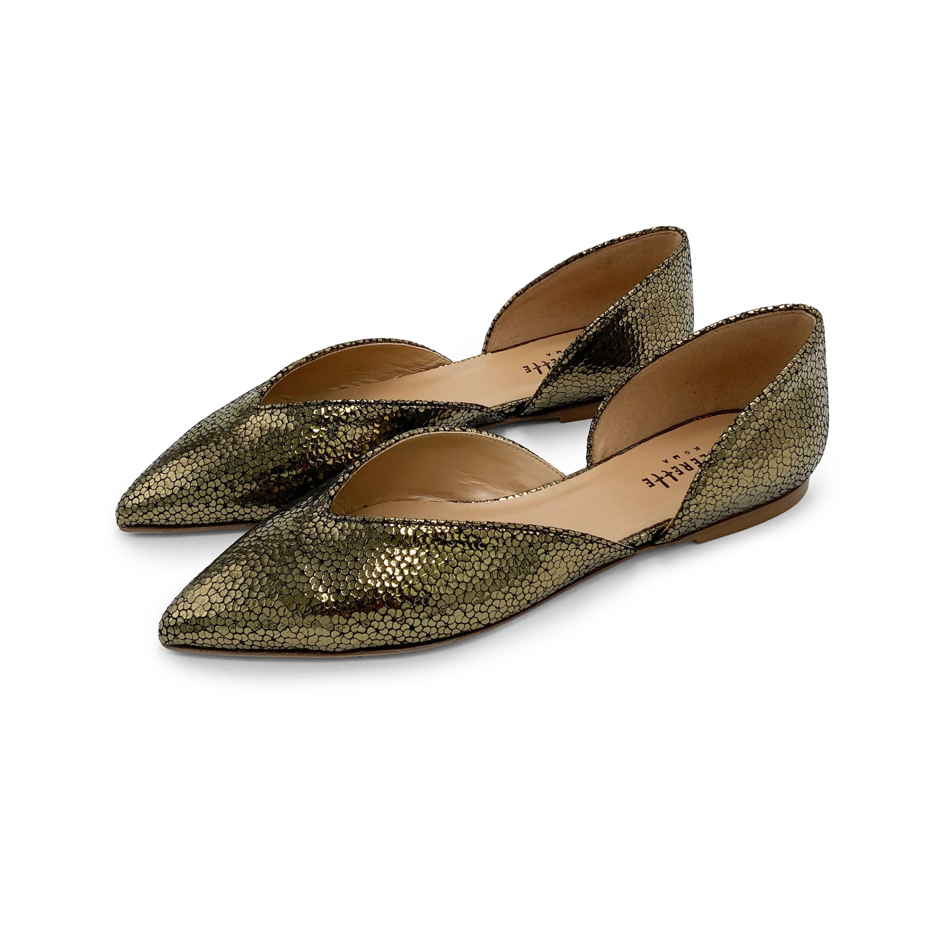 Open bronze laminated ballet flats