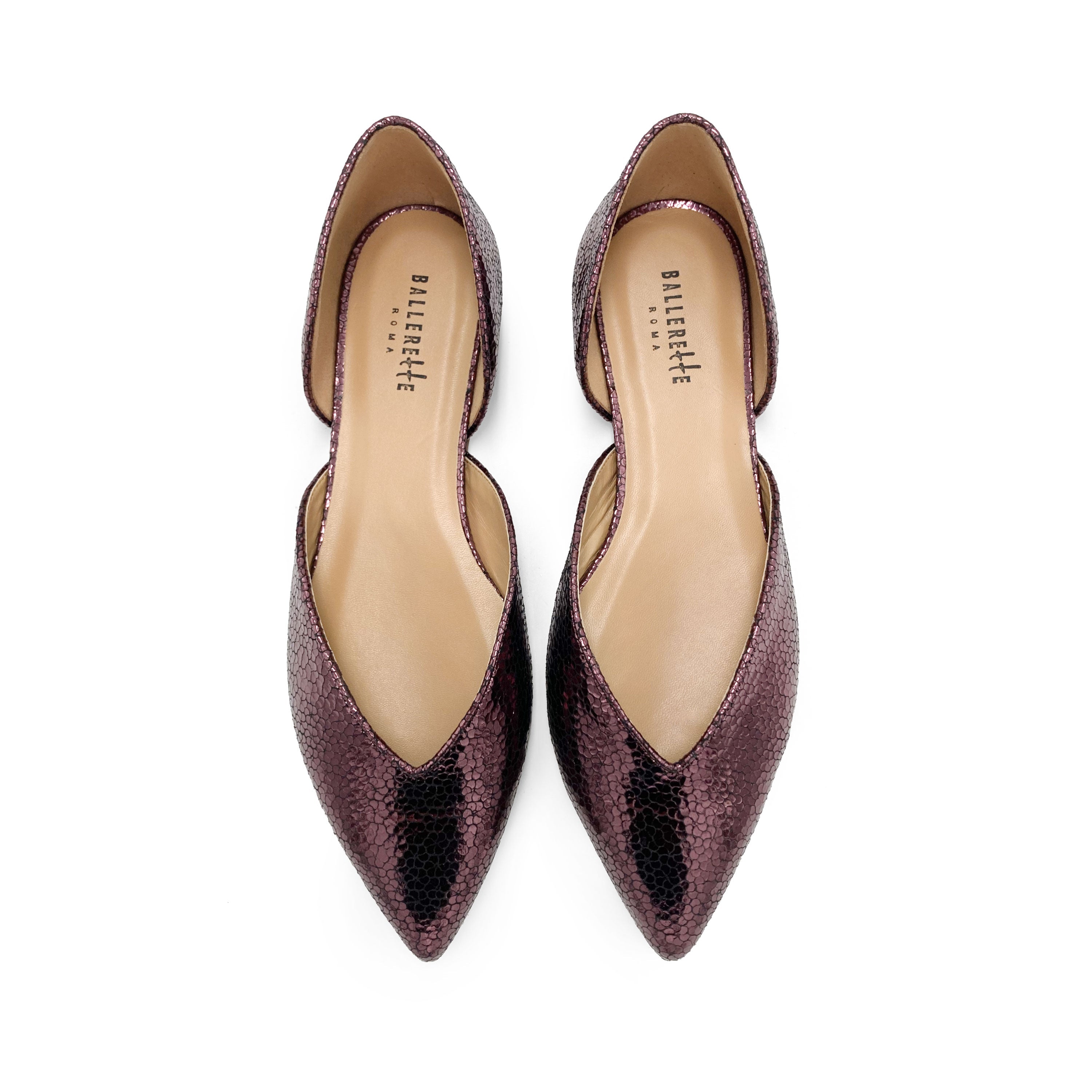 Open plum purple laminated ballet flats