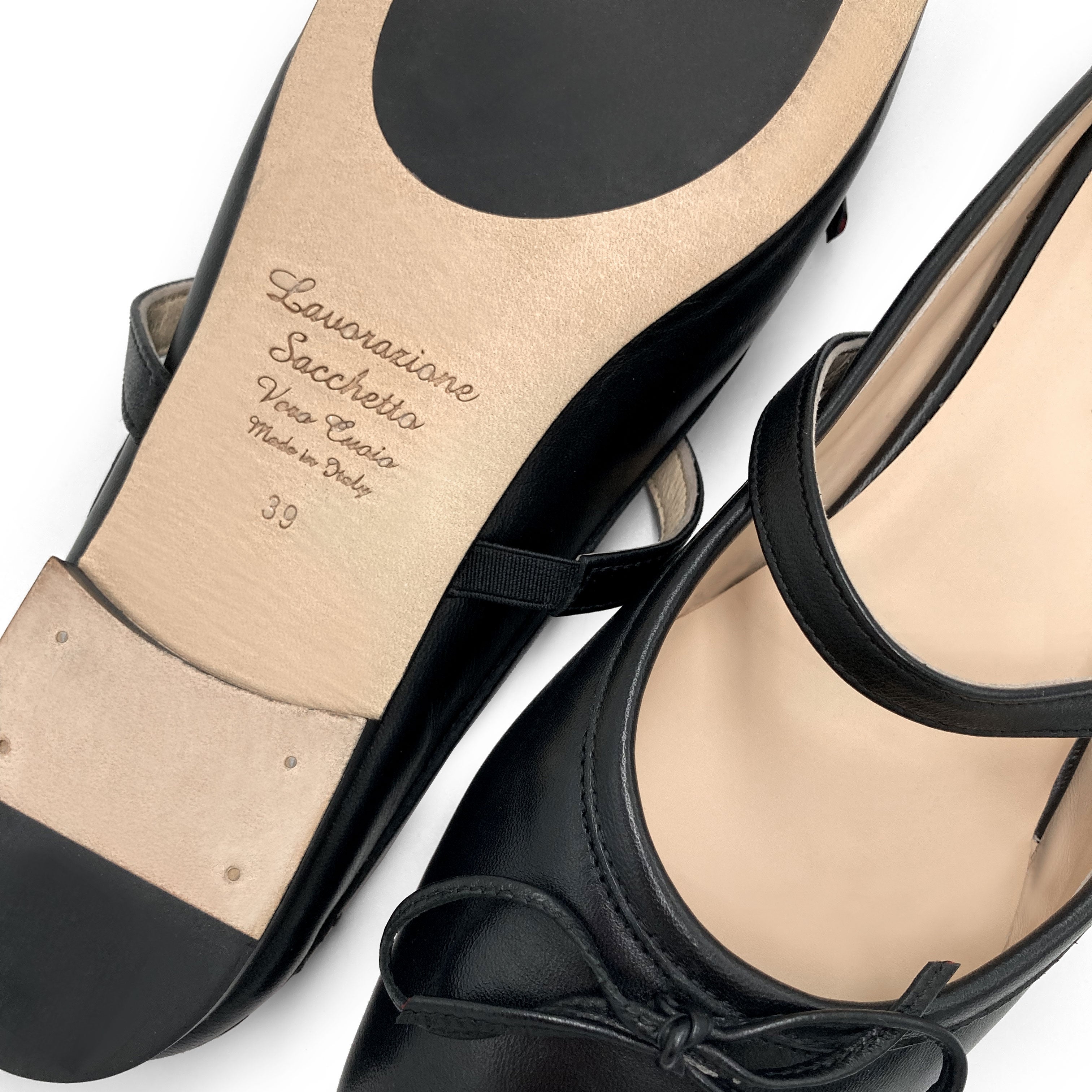 Black leather mule ballet flats with handcrafted sacchetto construction