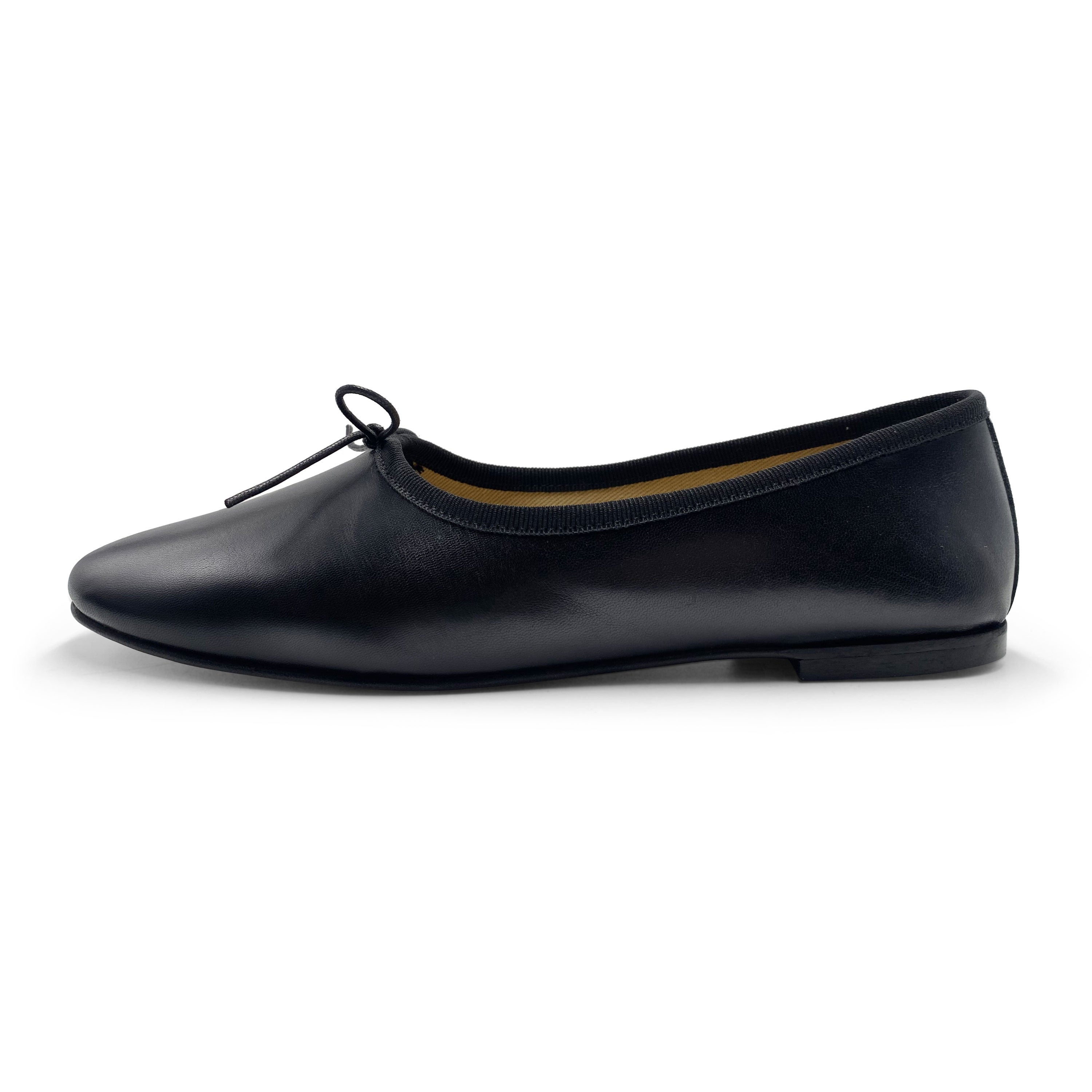 Black leather high-vamp "glove shoes" ballet flats