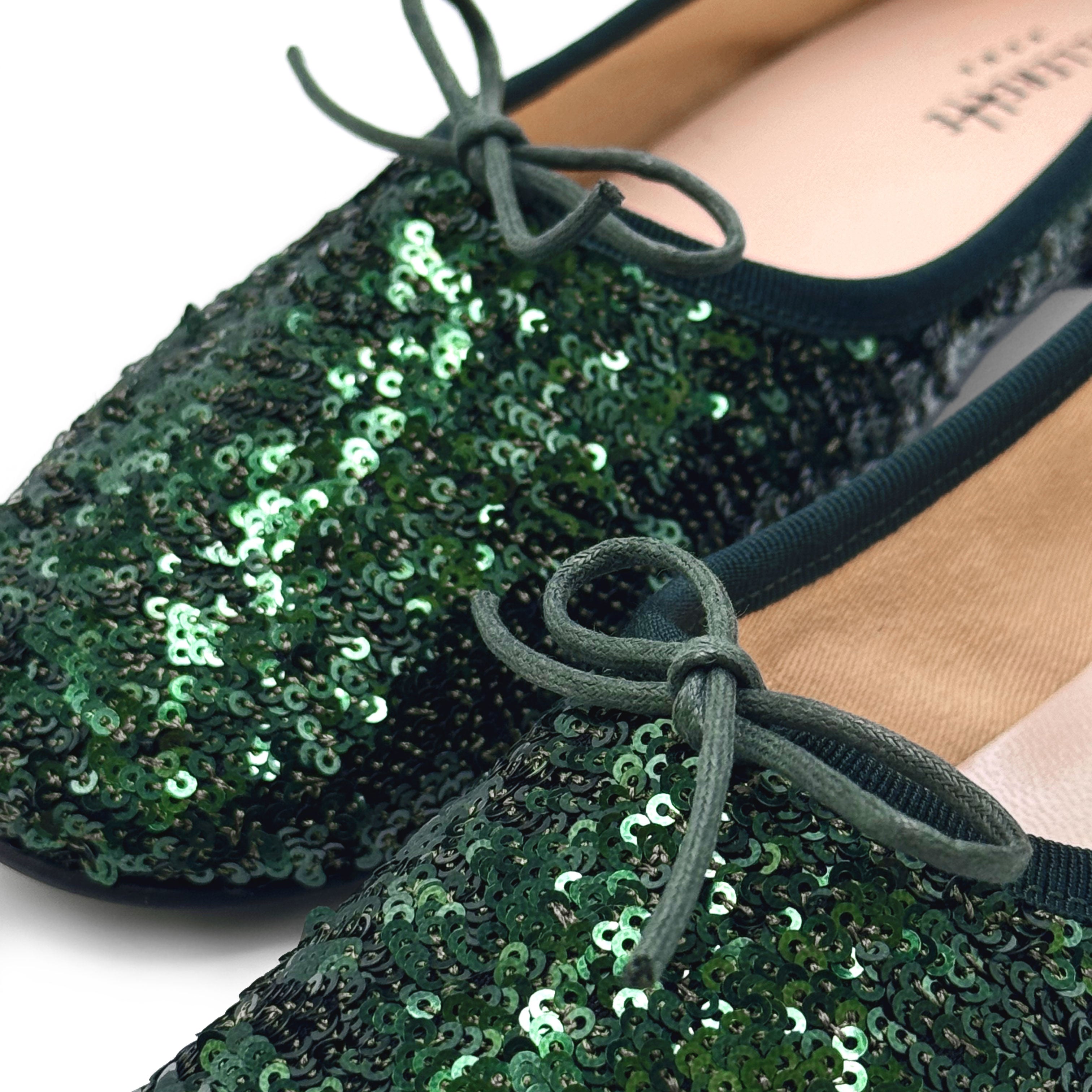 Emerald green sequin high-vamp ballet flats