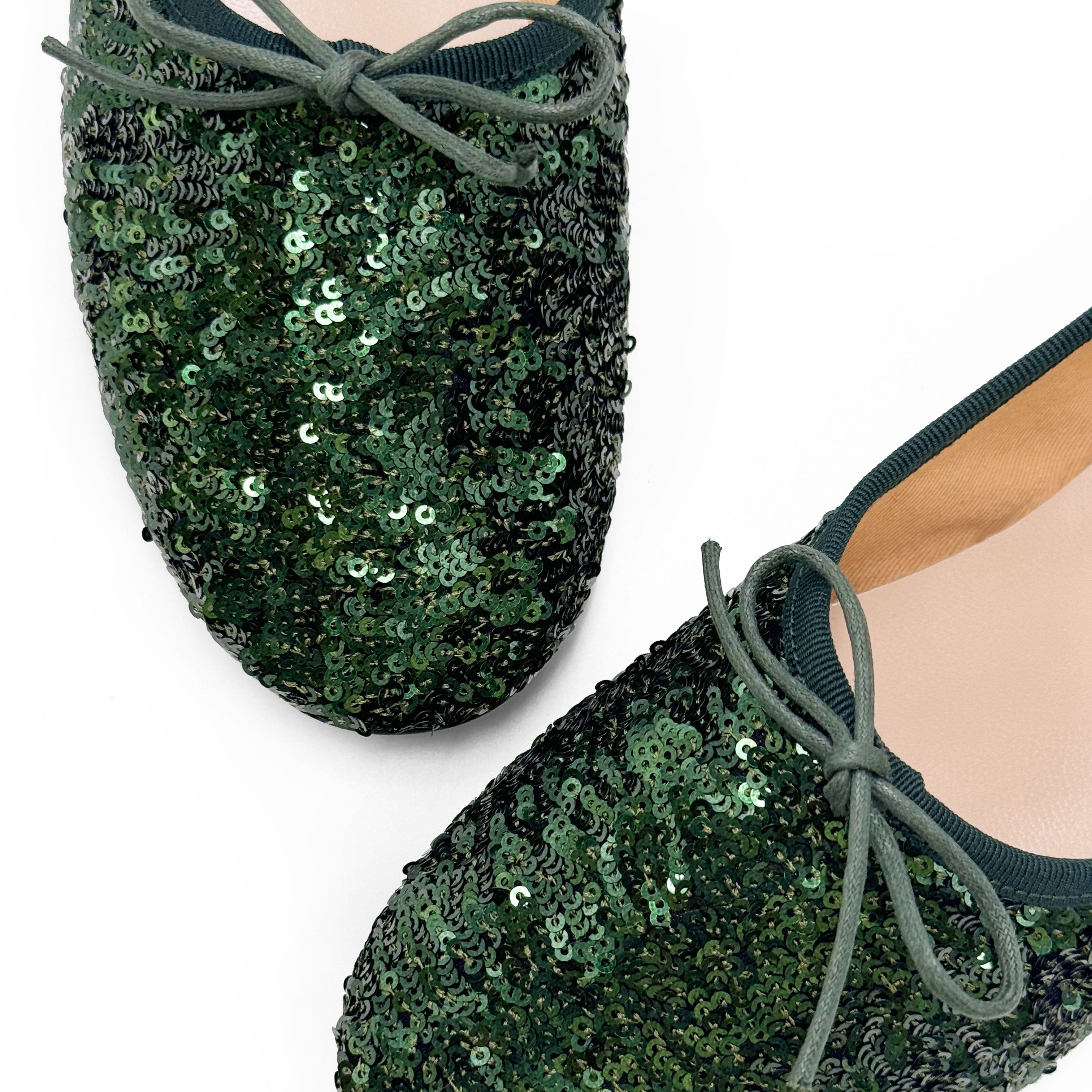 Emerald green sequin high-vamp ballet flats