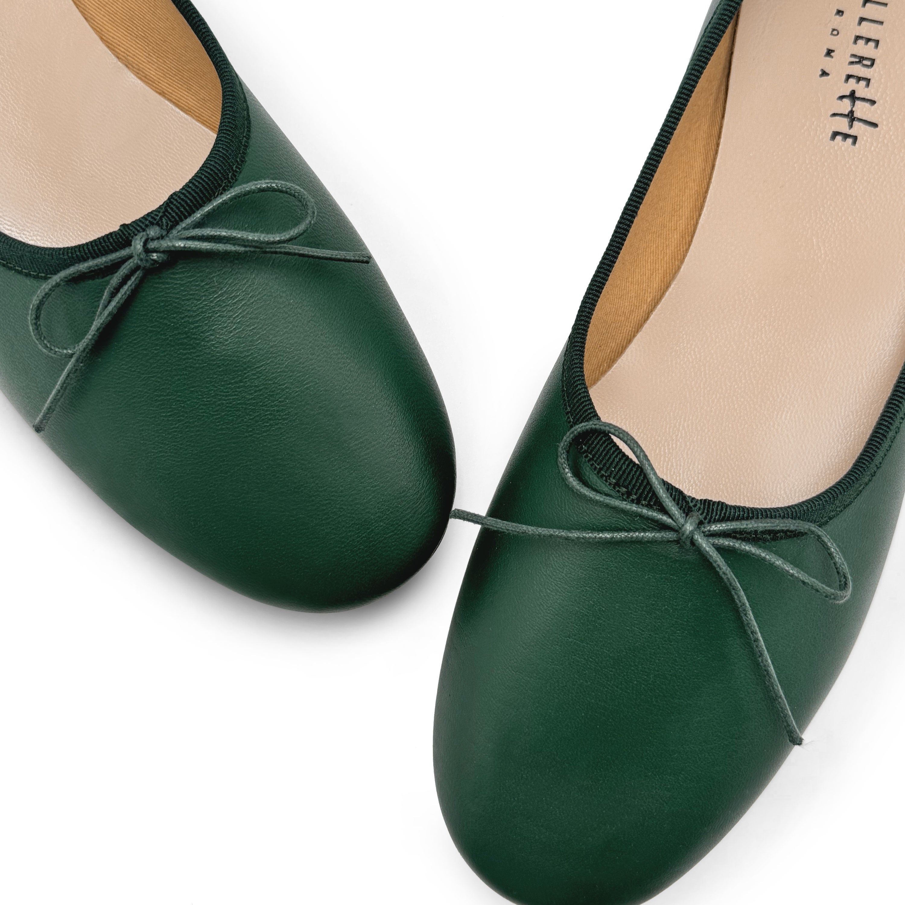 Dark green leather high-vamp "glove shoes" ballet flats