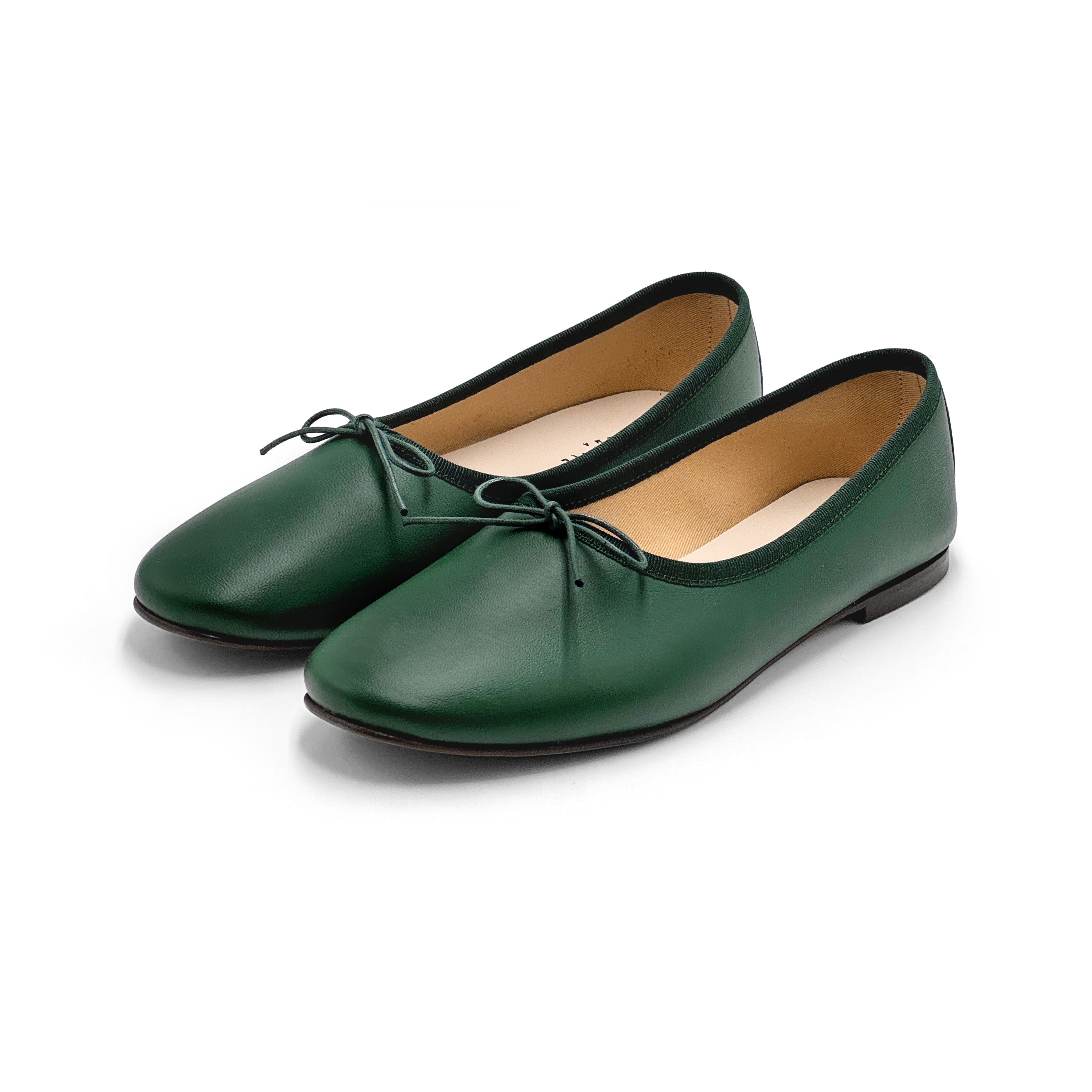 Dark green leather high-vamp "glove shoes" ballet flats