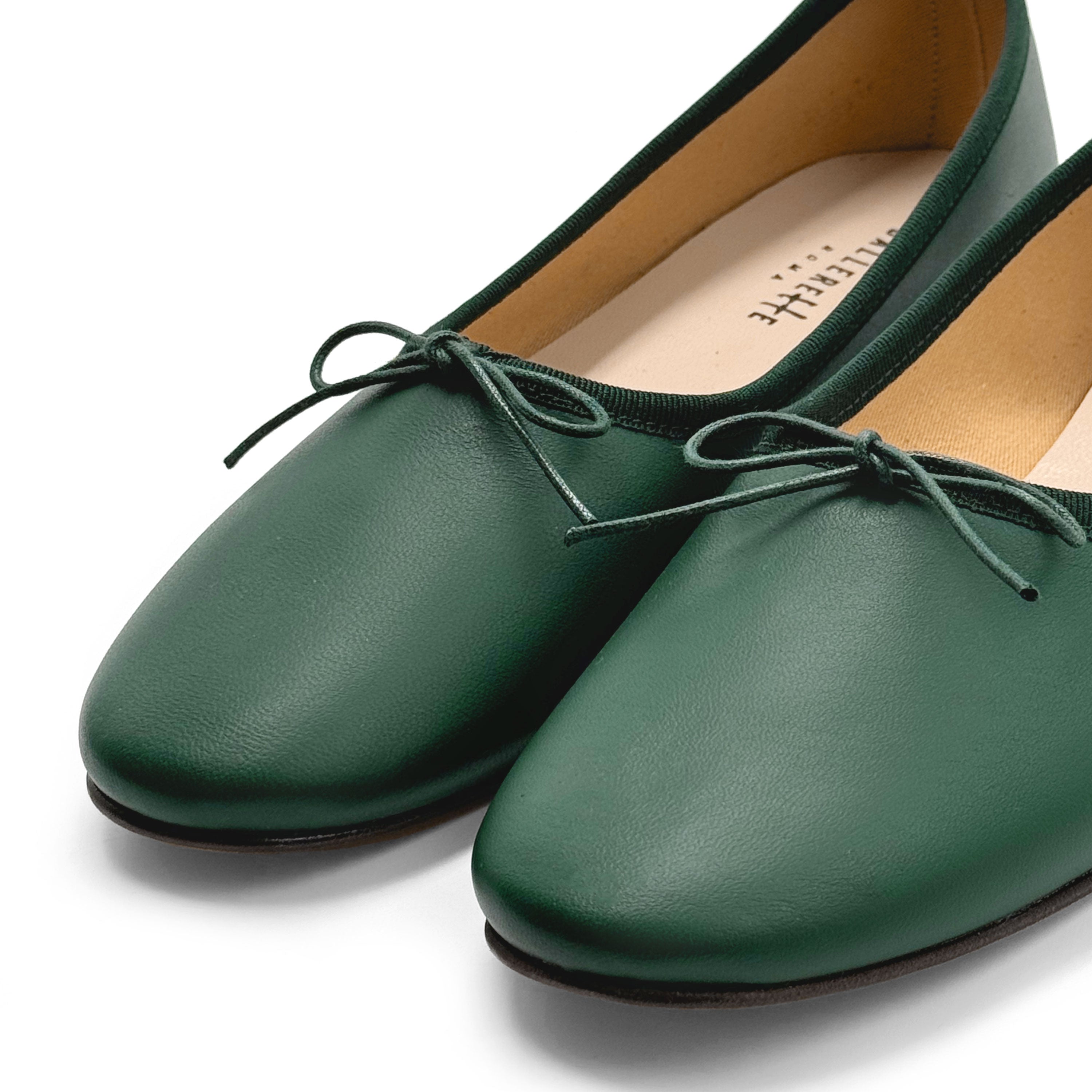 Dark green leather high-vamp "glove shoes" ballet flats