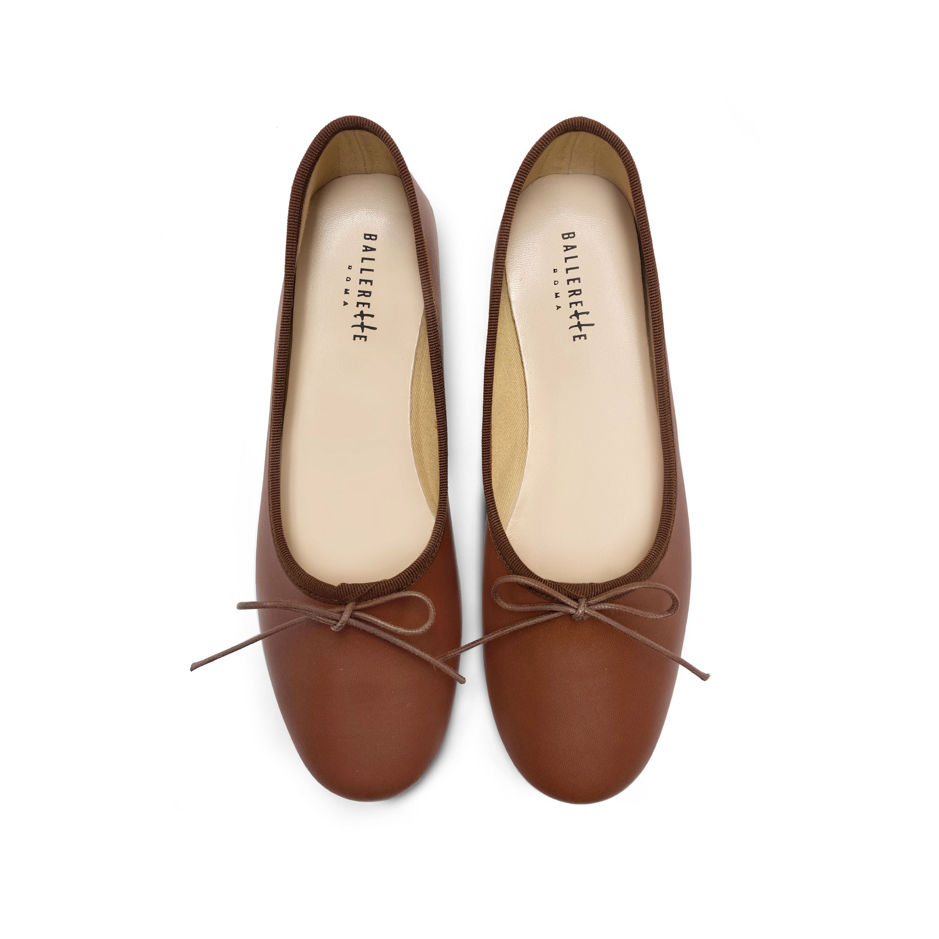 Brown leather high-vamp "glove shoes" ballet flats