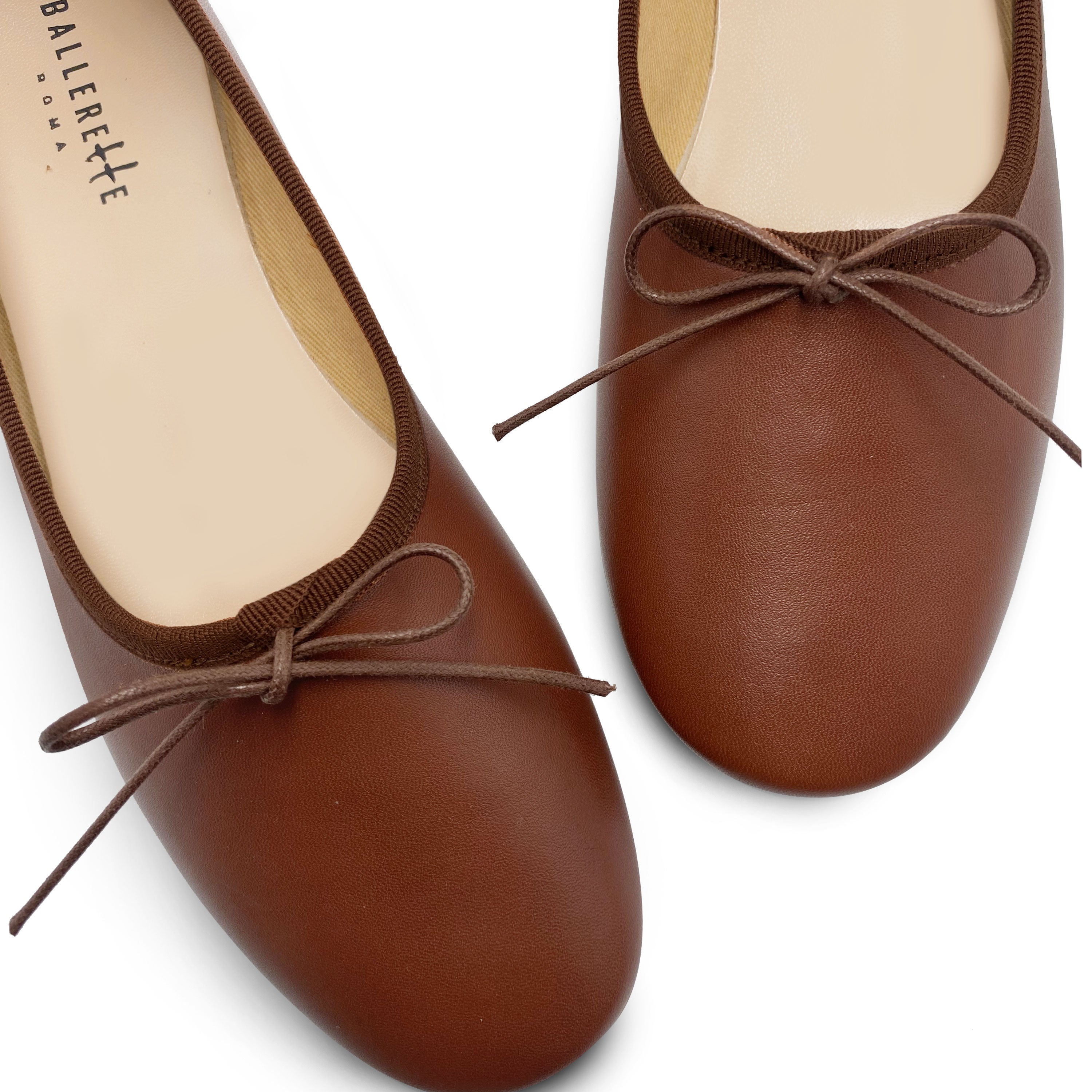 Brown leather high-vamp "glove shoes" ballet flats